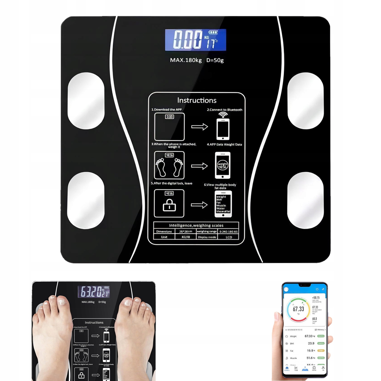 Waga łazienkowa Analityczna LCD Inteligentna 180kg Bluetooth Elektroniczna
