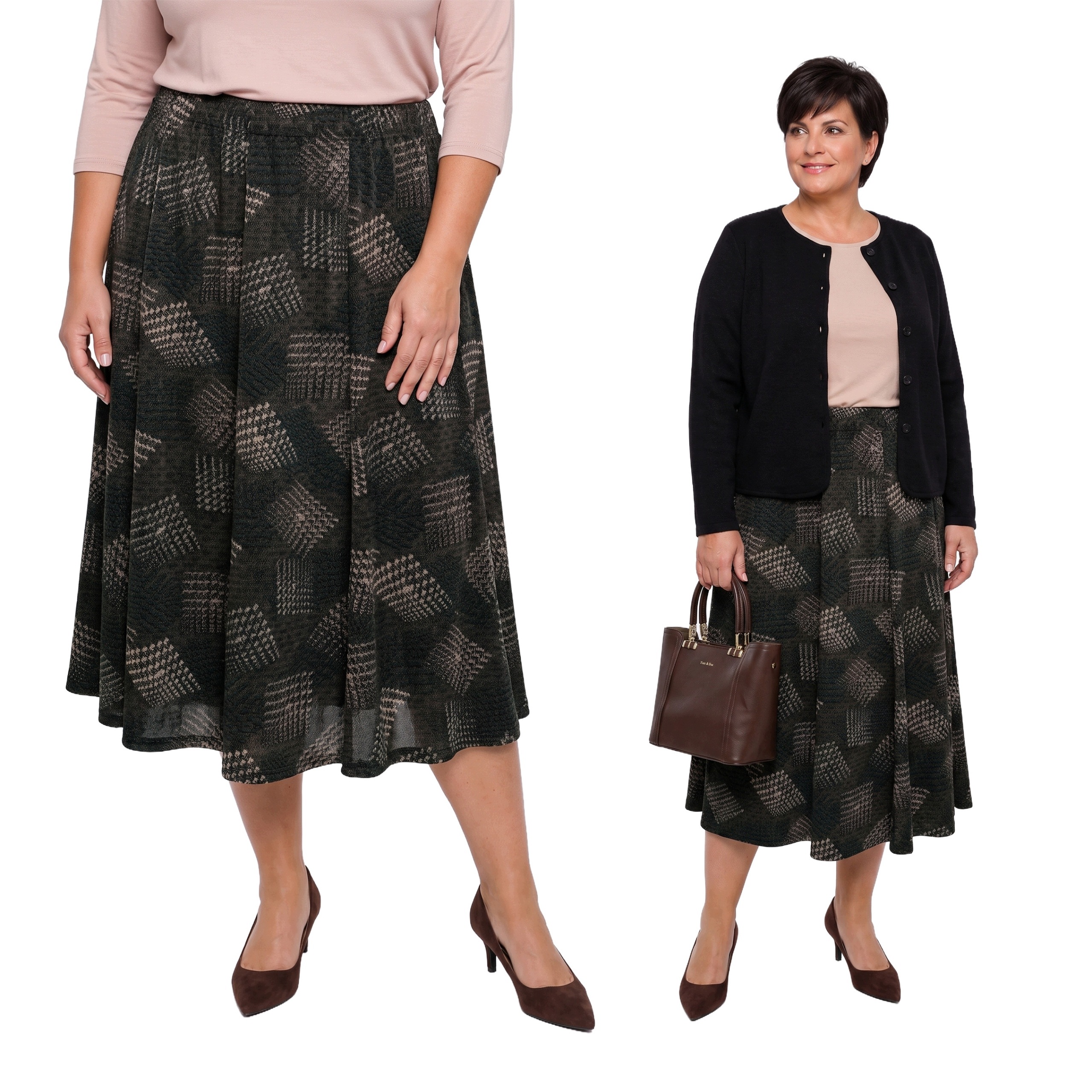 Sukně s béžovozelenými vzory plus size velikost 60/62
