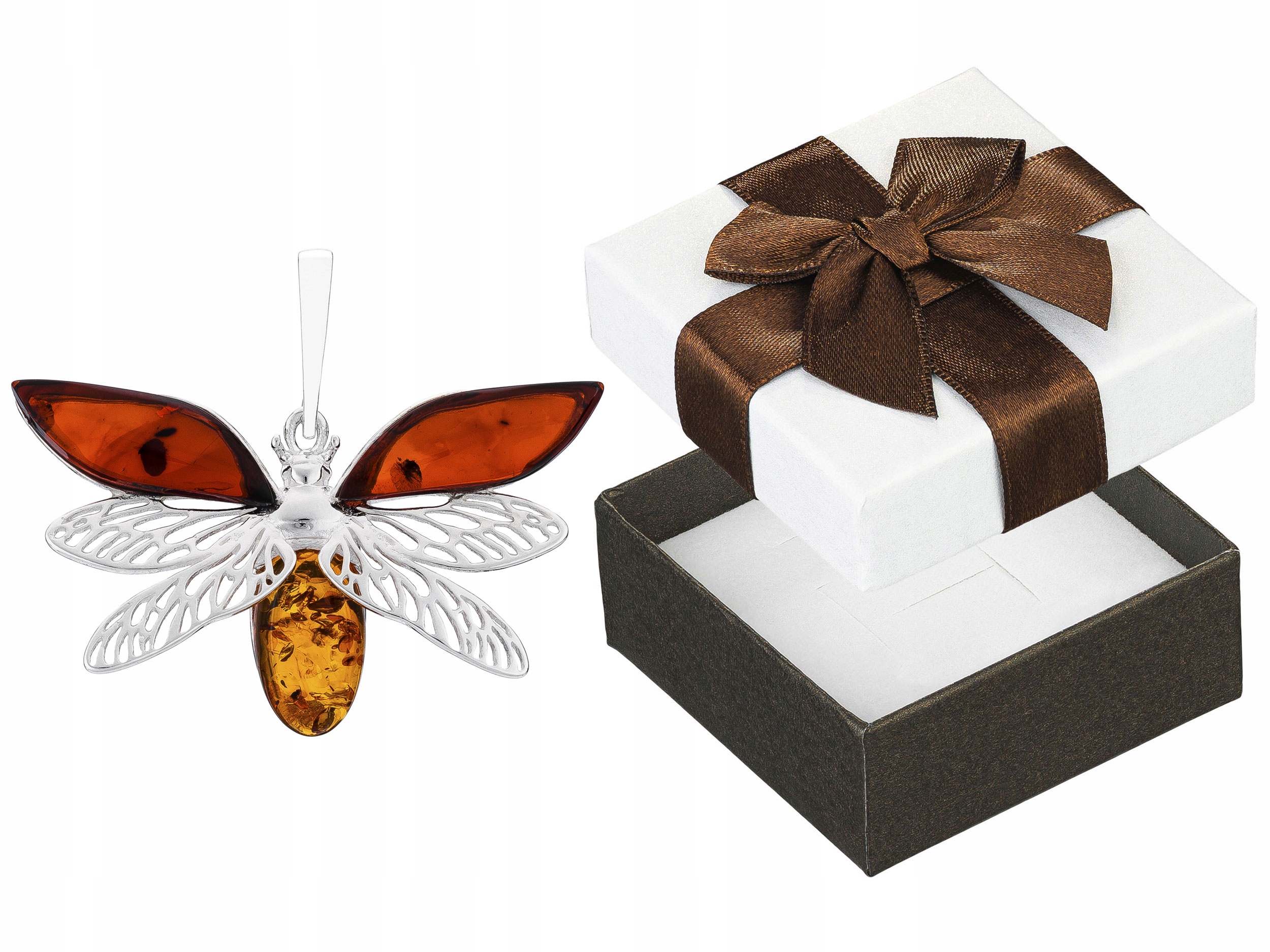 Stříbrný ažurový Přívěsek Chrobák s jantarem Stříbrný přívěsek Hmyz 925