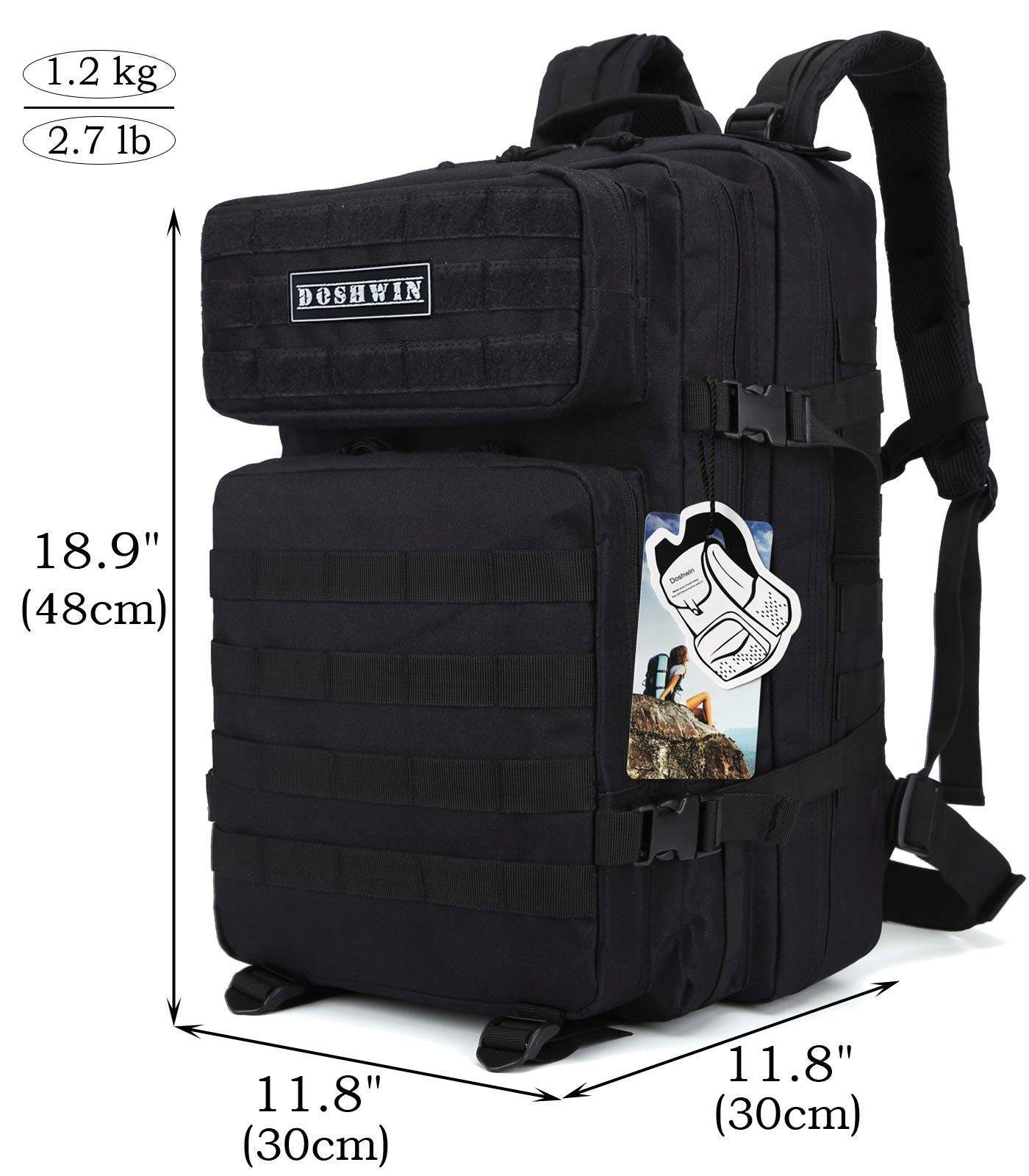 DOSHWIN Plecak Wojskowy 40L Czarny Taktyczny Molle Na Wędrówki Camping — miniatura 5