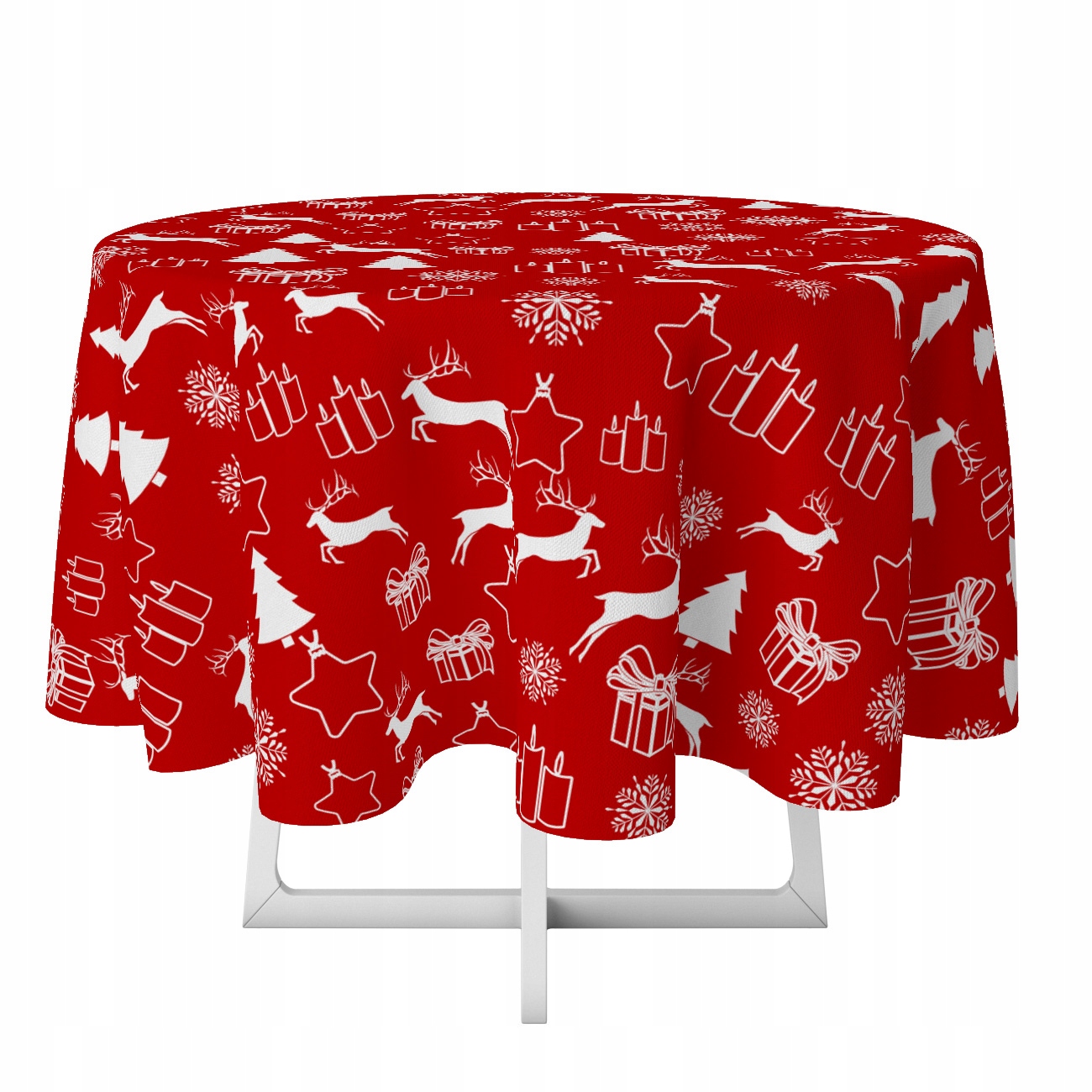 OBRUS DEKORACYJNY KOŁO 140 WZÓR CZERWONE RENIFERY