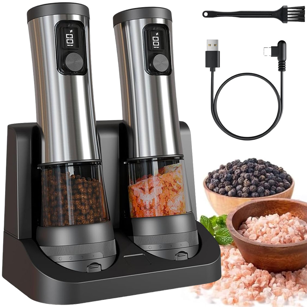 2 X Elektrický Mlýnek Na Sůl A Pepř, Nastavitelný, S Podstavcem, 100 ML