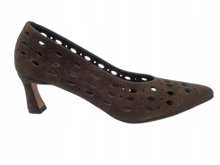 Čokoládové ažurové kožené lodičky na nízkém podpatku, měkké, Karino 39