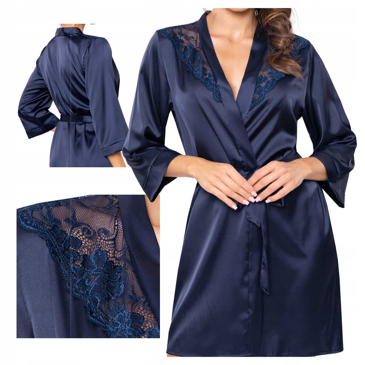 Donna Dámský saténový zavazovací župan s 3/4 rukávem Mari, tmavě modrý, velikost S
