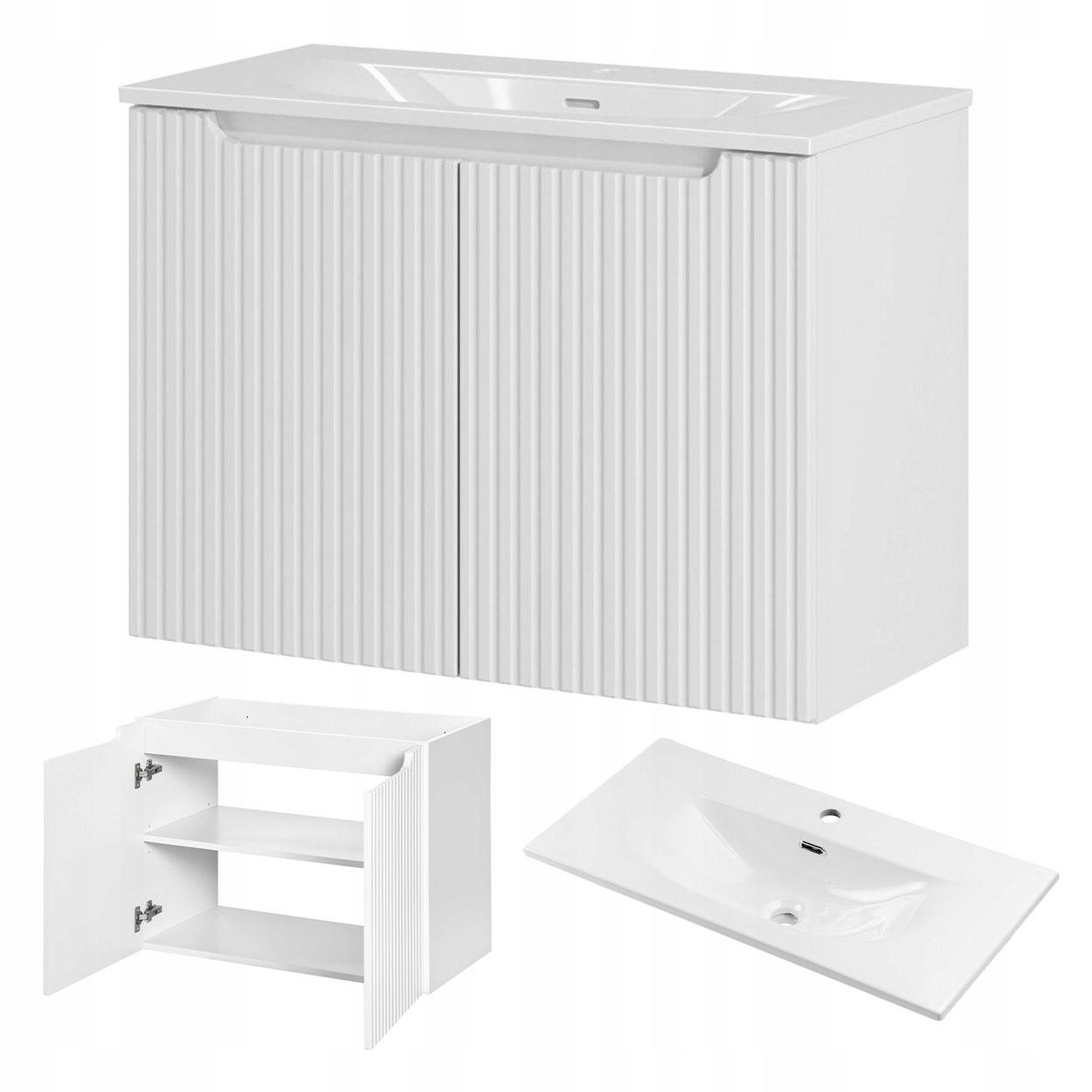 Skriňa s umývadlom, biela, ryhovaný kúpeľňový nábytok, Rilla White 80 cm