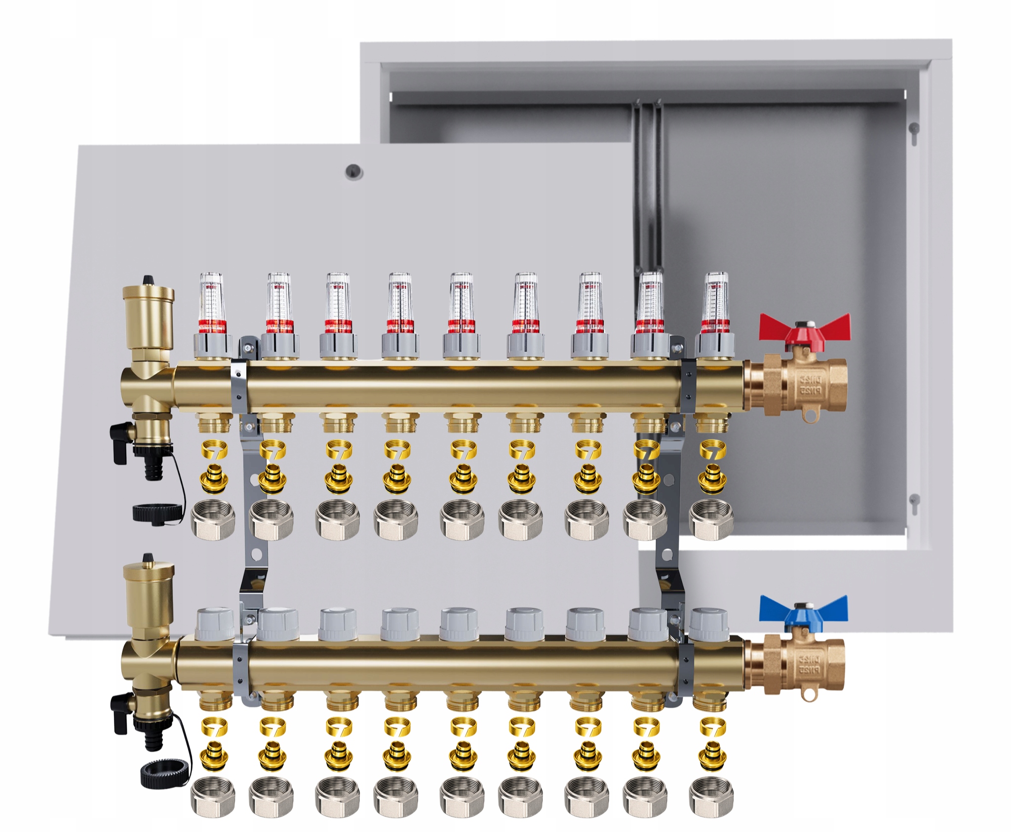 Rozdělovač mosazný Podlahovky 9 okruhů Krabice Přímý ventil Pex