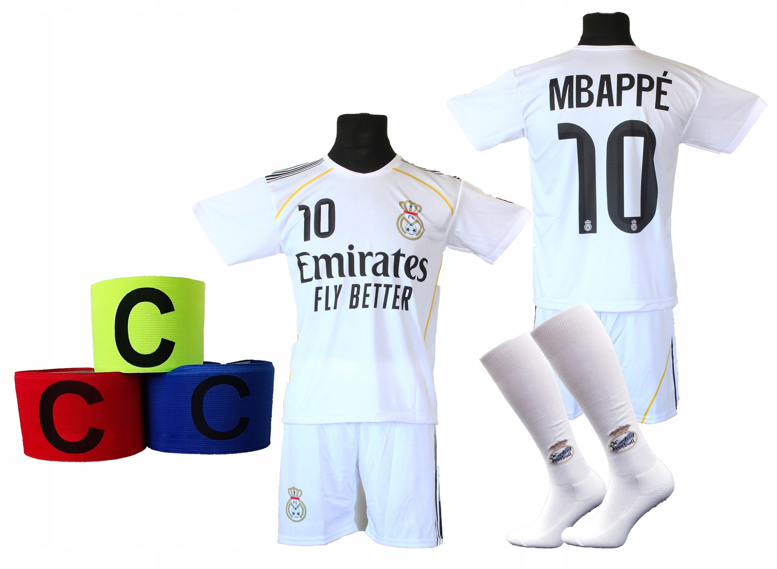 Strój Piłkarski Mbappe biały koszulka spodenki getry opaska r. 134