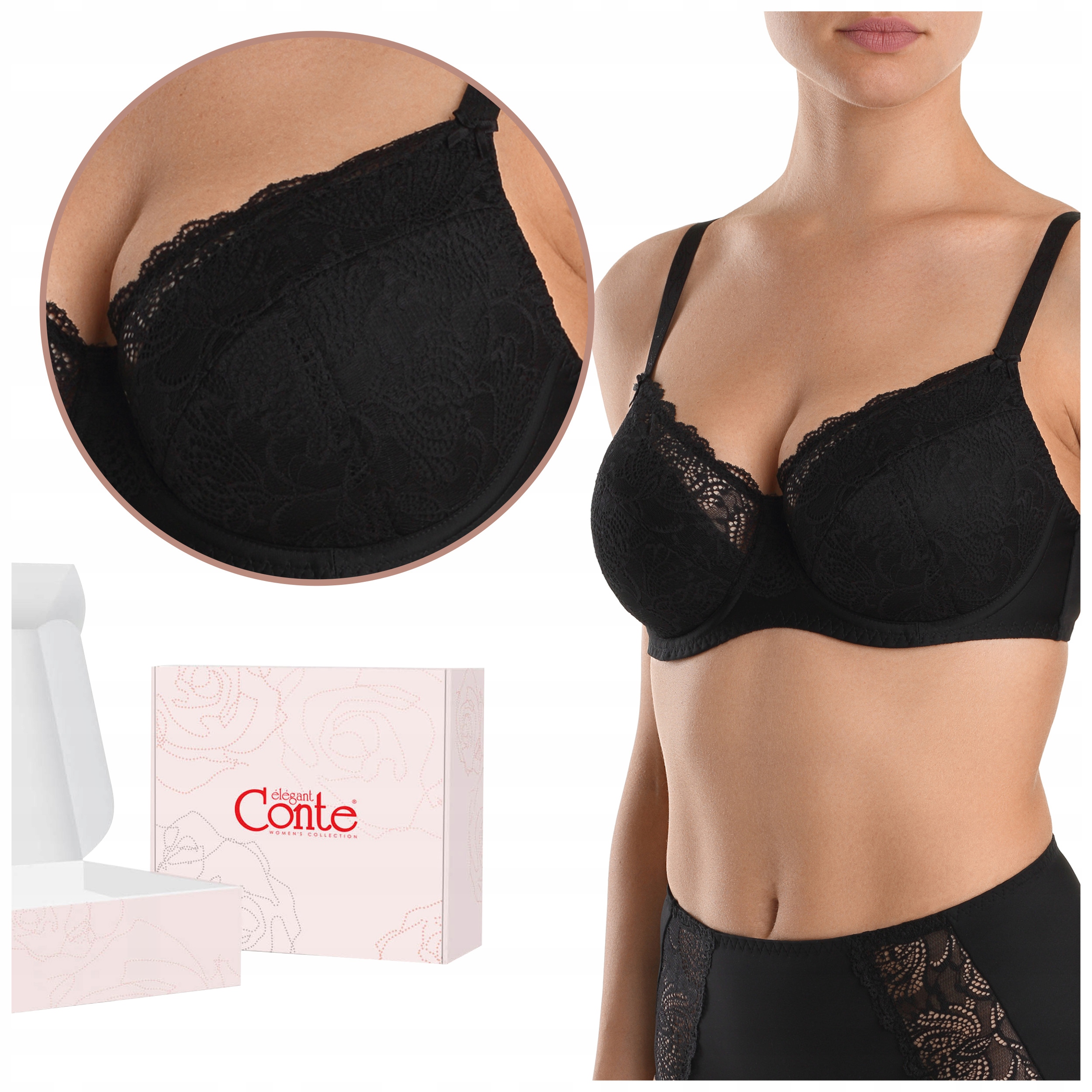 Biustonosz usztywniany stanik koronkowy w kwiaty Conte RB5015 czarny 70E