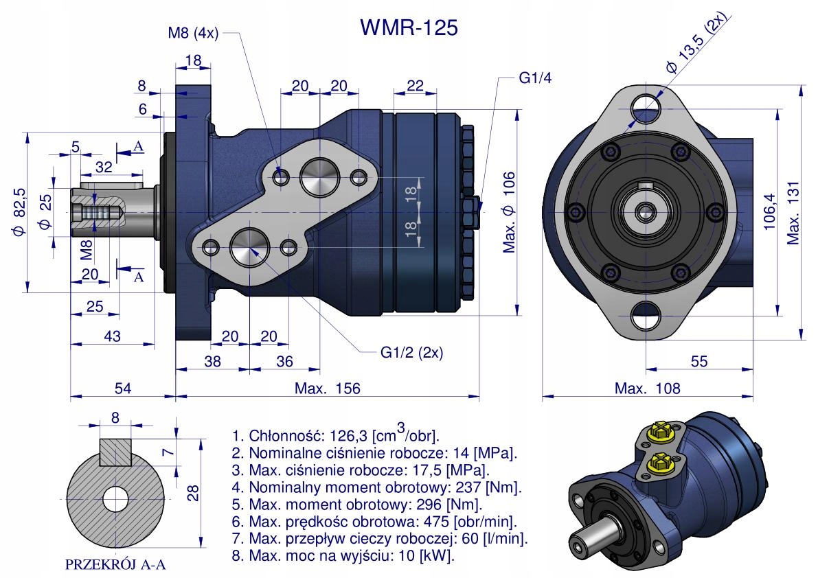 RM Silnik hydrauliczny orbitalny WMR 125 cm3/obr (140 bar / max.200 bar) Wa EAN (GTIN) 5902287199123