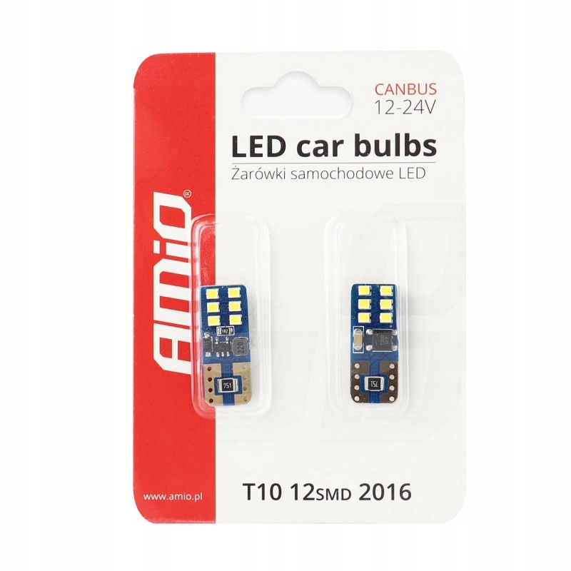Żarówka W5W T10 12V/24V 12xLED SMD2016 CANBUS biała AMIO 2szt. Producent Amio