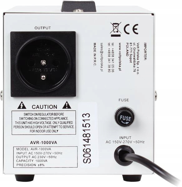 V19 STABILIZATOR NAPIĘCIA PRĄDU 1000VA REGULATOR Moc użytkowa 1 W