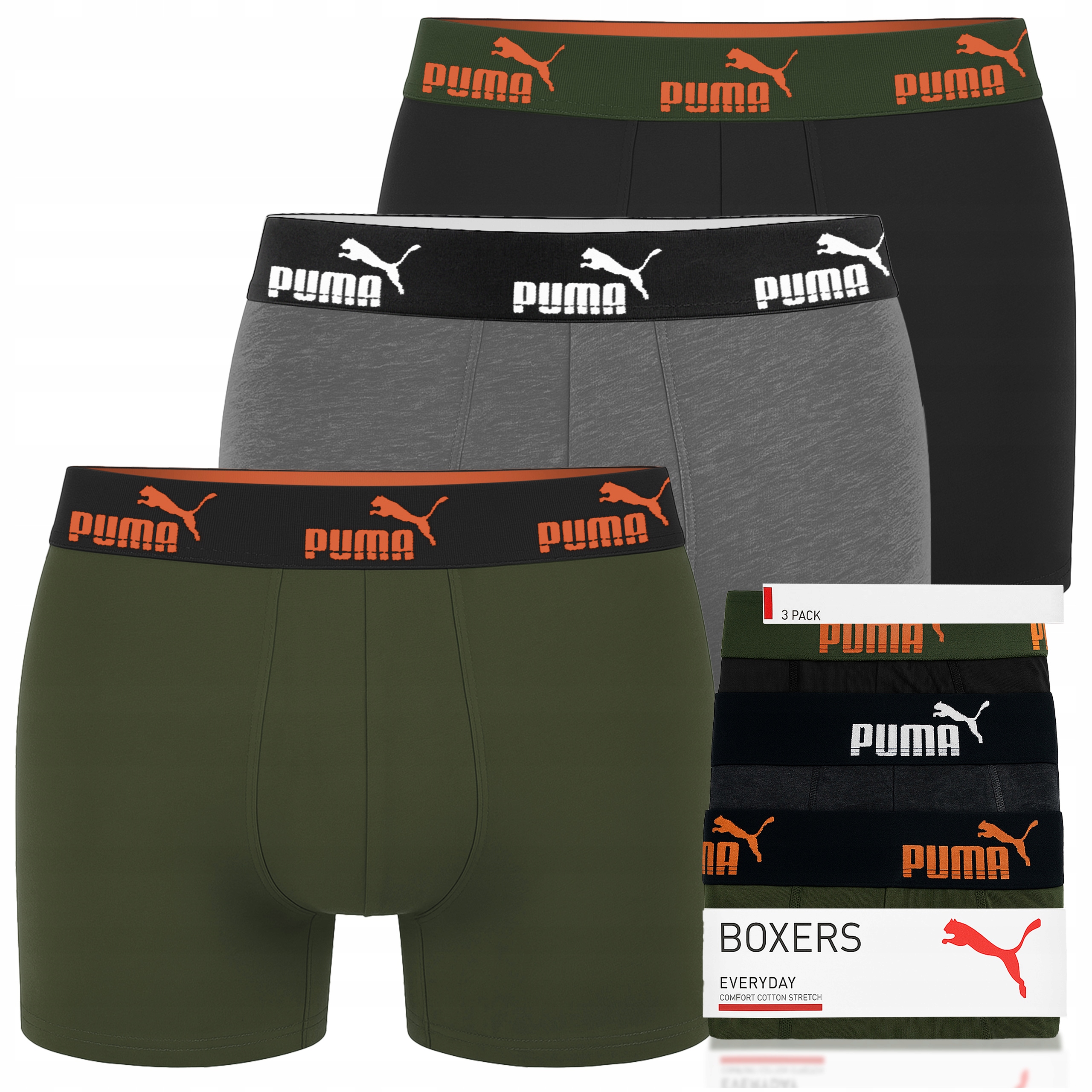 Puma Pánské boxerky Khaki Orange Bavlna 3 Pak Velikost S
