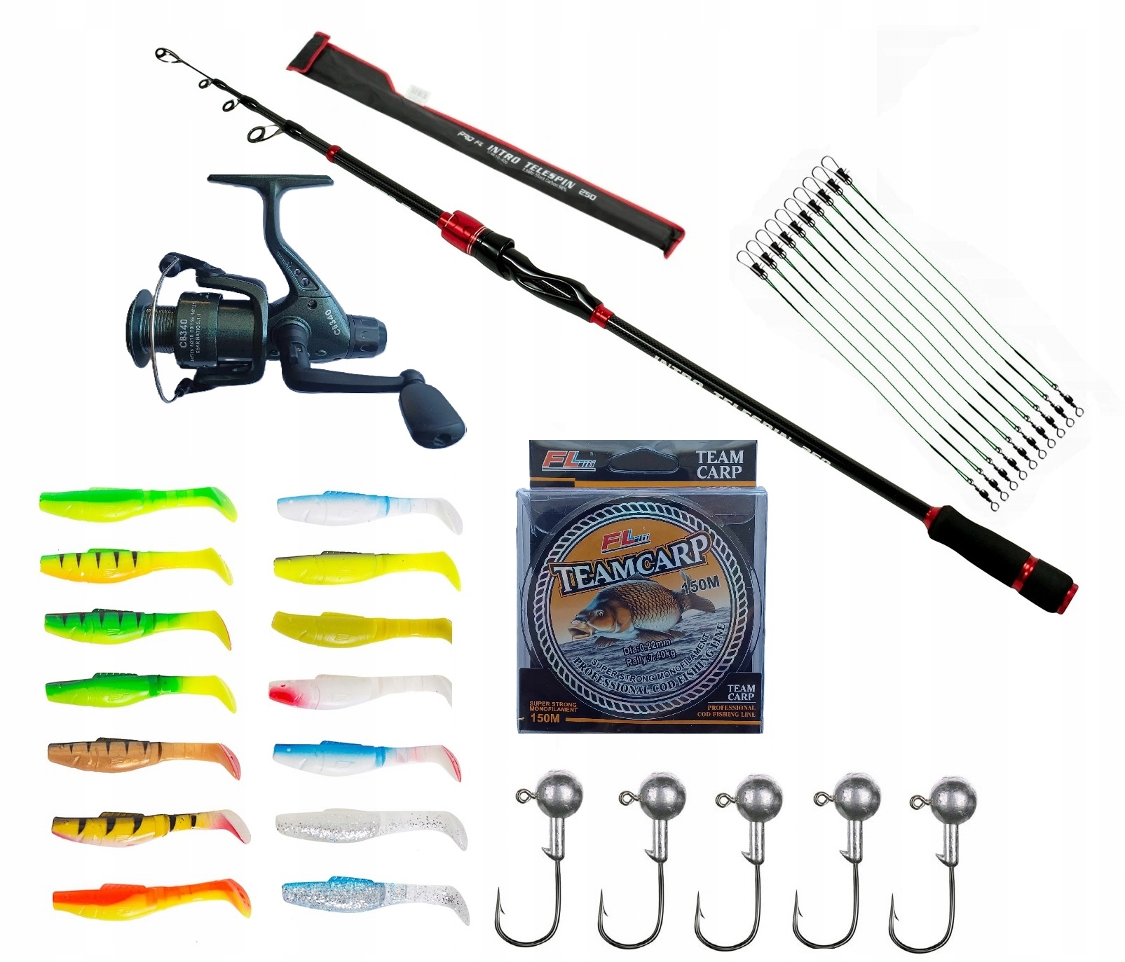 Zestaw wędkarski Spinningowy 2w1 Wędka węglowa 2,5m kołowrotek 33 elementy