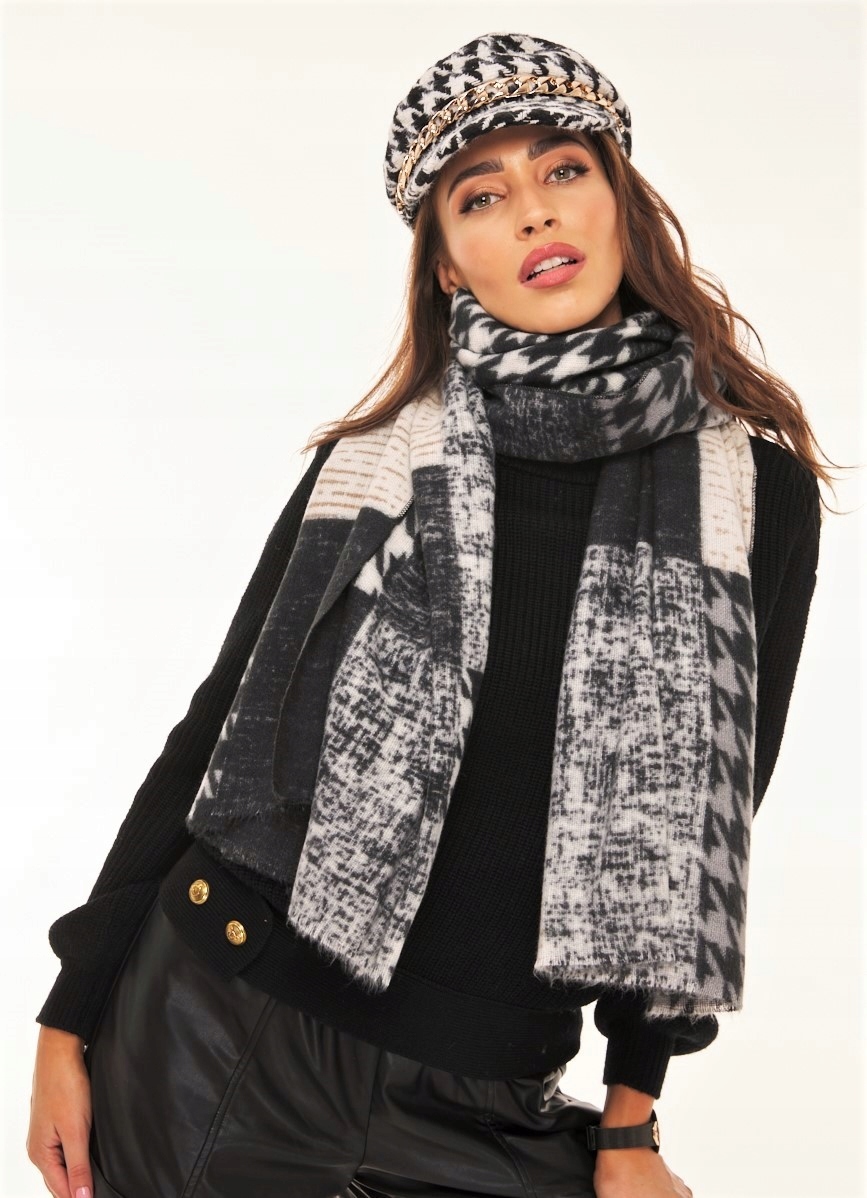 SZAL SZALIK DAMSKI CIEPŁY miękki jesienny na zimę zimowy w pepitkę pepitka Model z wełną czarny szary ecru