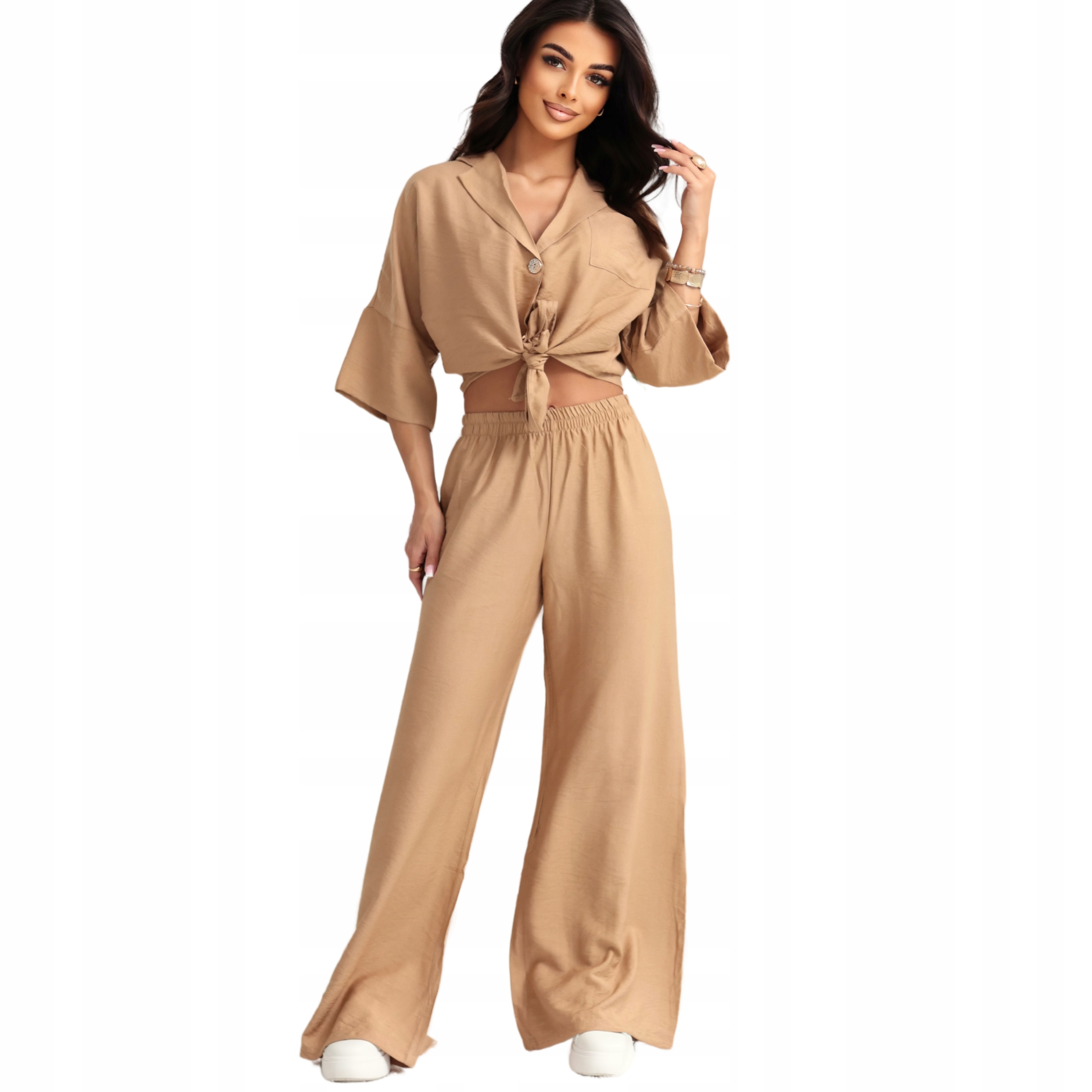 Dámský komplet letní volná košile kalhoty široké nohavice béžová mokka L