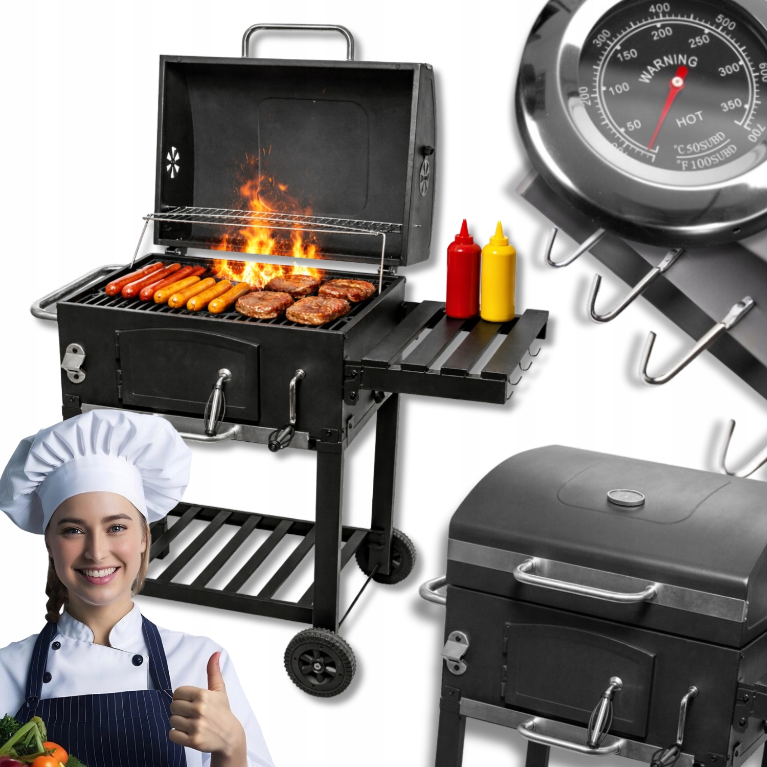Grill Węglowy Ogrodowy Żeliwny Duży Ruszt Z Pokrywą Termometr Popielnik
