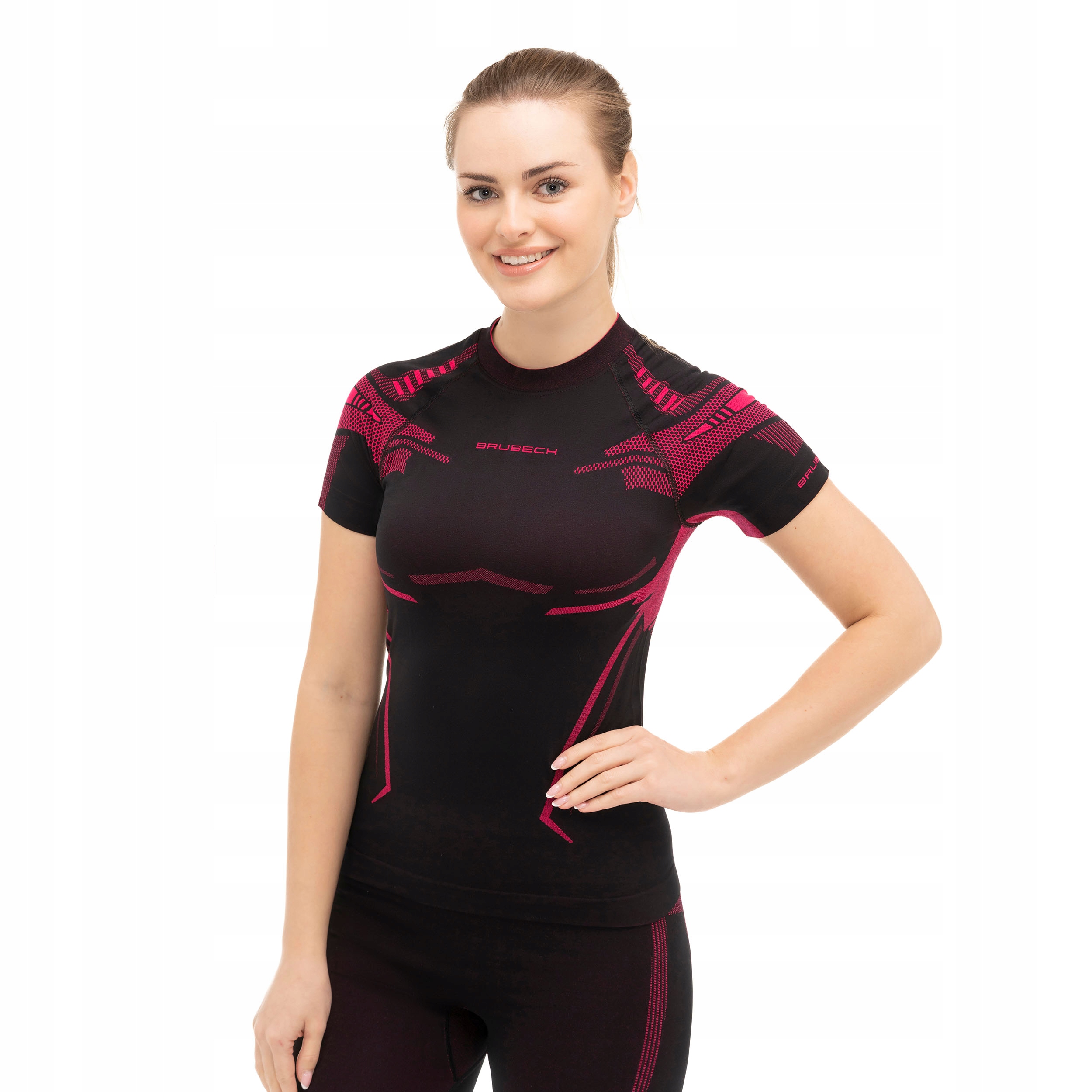Koszulka termoaktywna Brubeck DRY z krótkim rękawem damska czarno - fuksjow Rozmiar XL