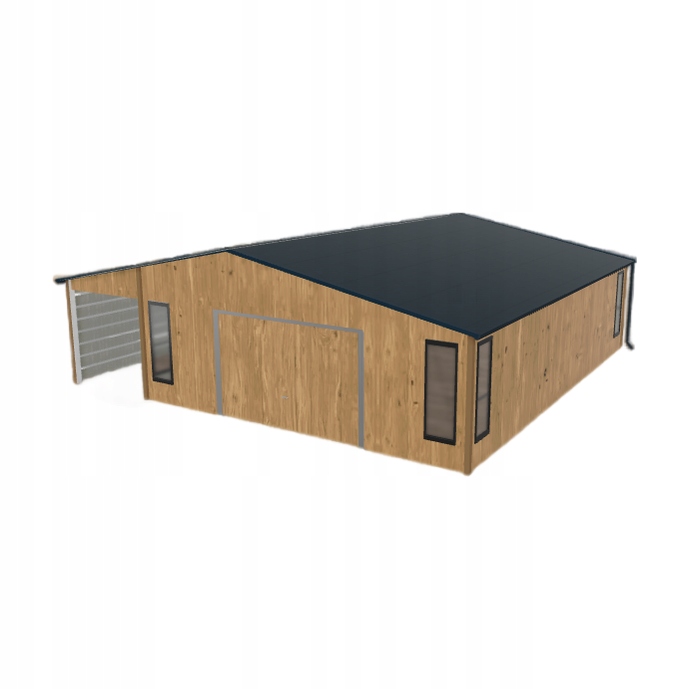 Plechová garáž 6.5 x 8.5 m s přístřeškem Světlý ořech