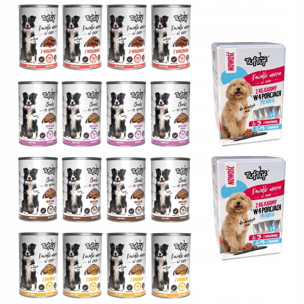 Levně Vlhké Krmivo Pro Psa Tuf Tuf Plechovka 16x415G 2x Box 4x500G MIX Chutí