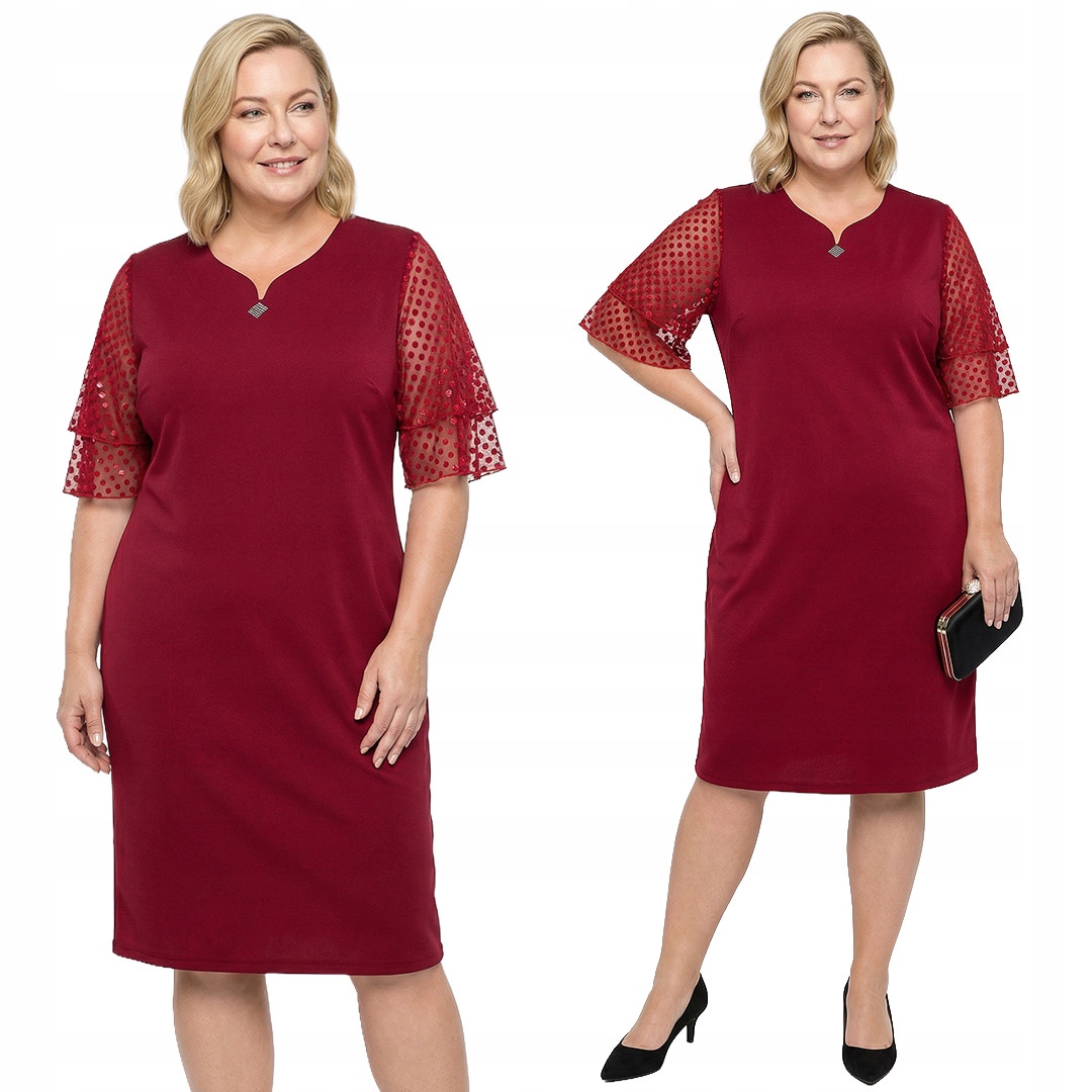 Bordó šaty s červenými rukávy s puntíky a velikostí velikost 52