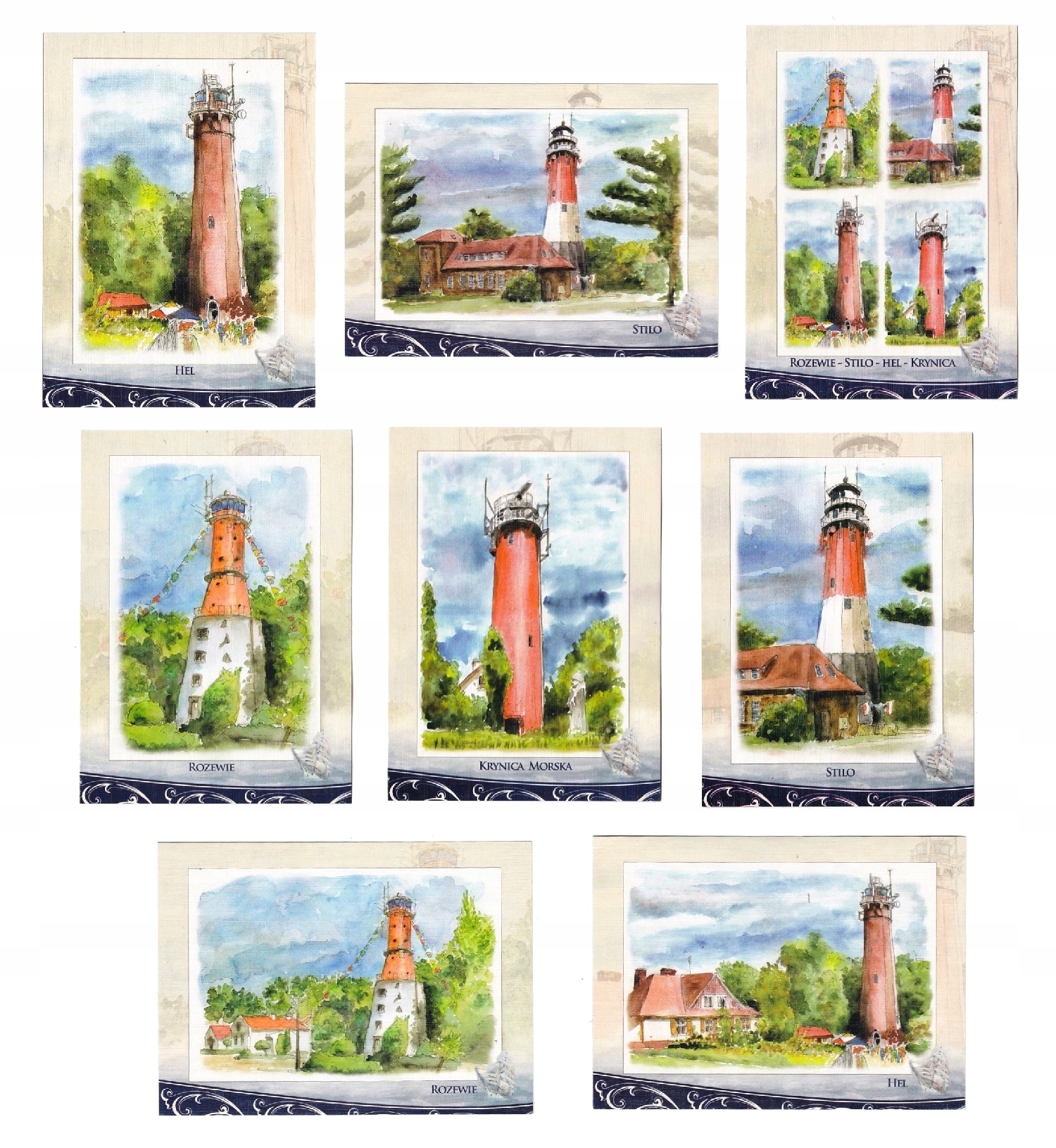 LATARNIE MORSKIE pocztówki akwarele 8 szt