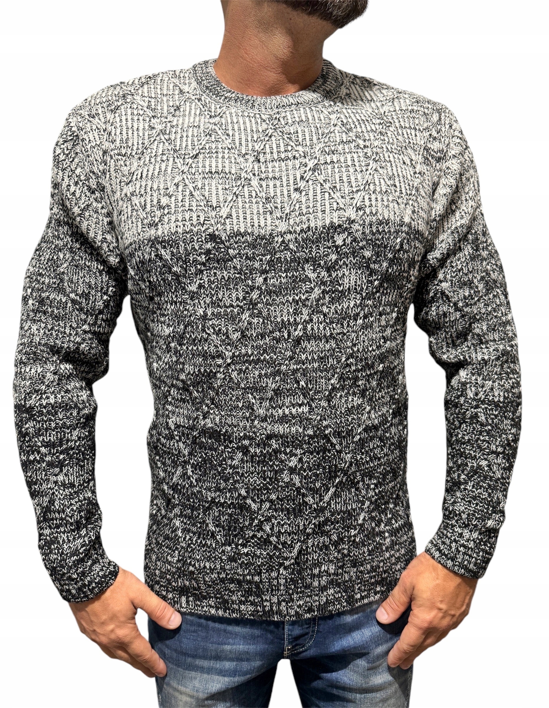 Teplý, Silný Pánský Ležérní Svetr Typu Romby Ombre, Černý L