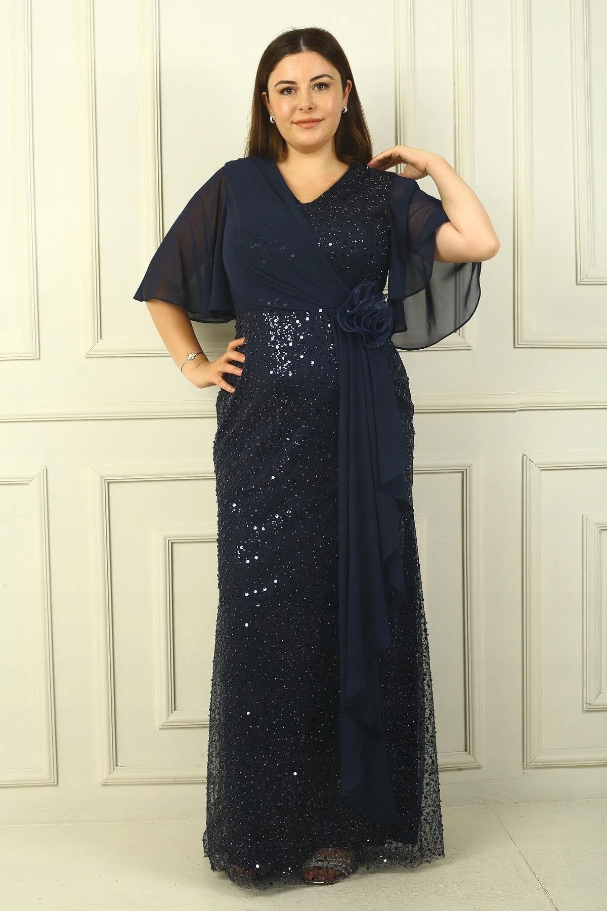 Tmavě Modré Šaty Flitry Květina Plus Size 2XL 5GA