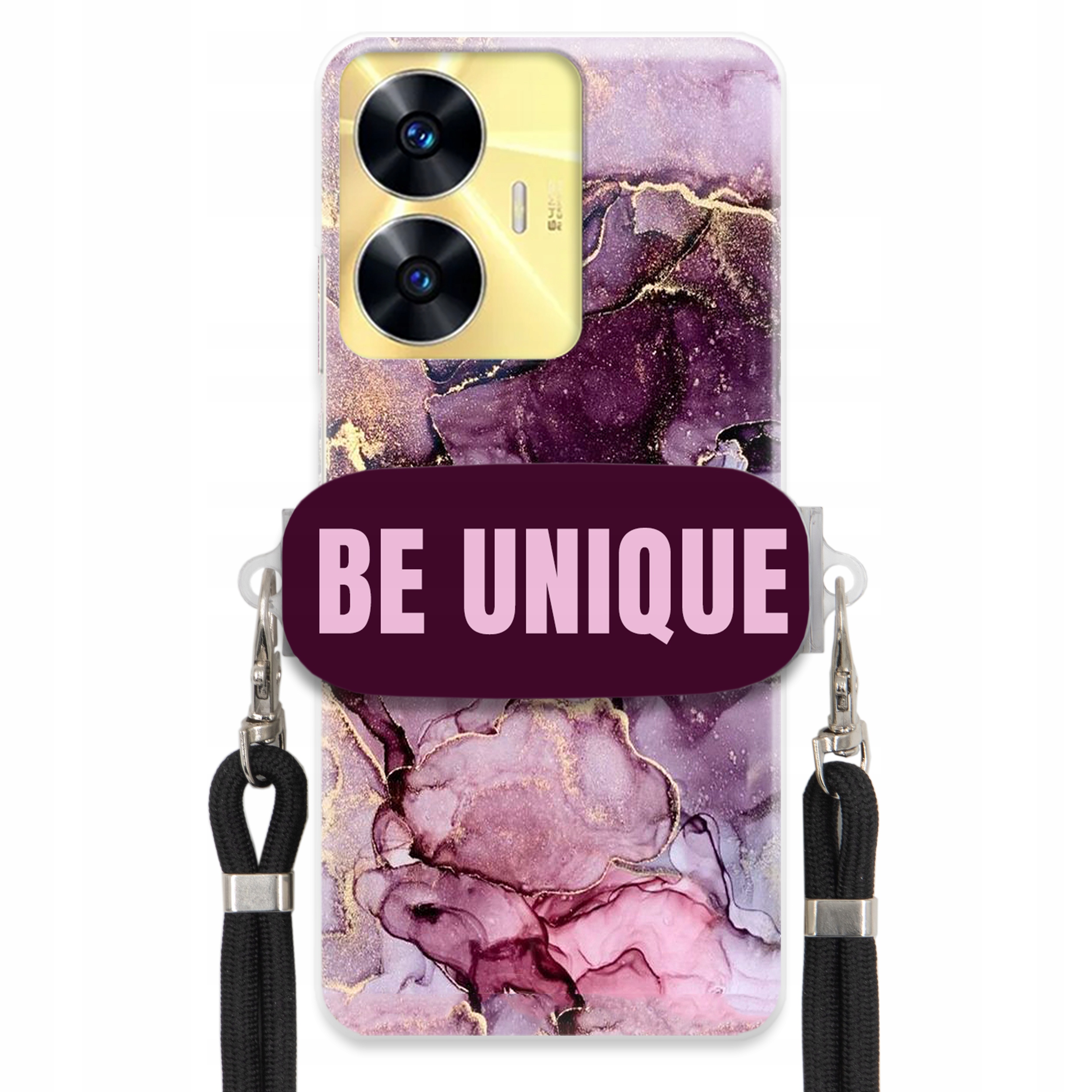 Prémiové puzdro pre Realme C55 Case držiak na šnúrku Čierny fialový mramor
