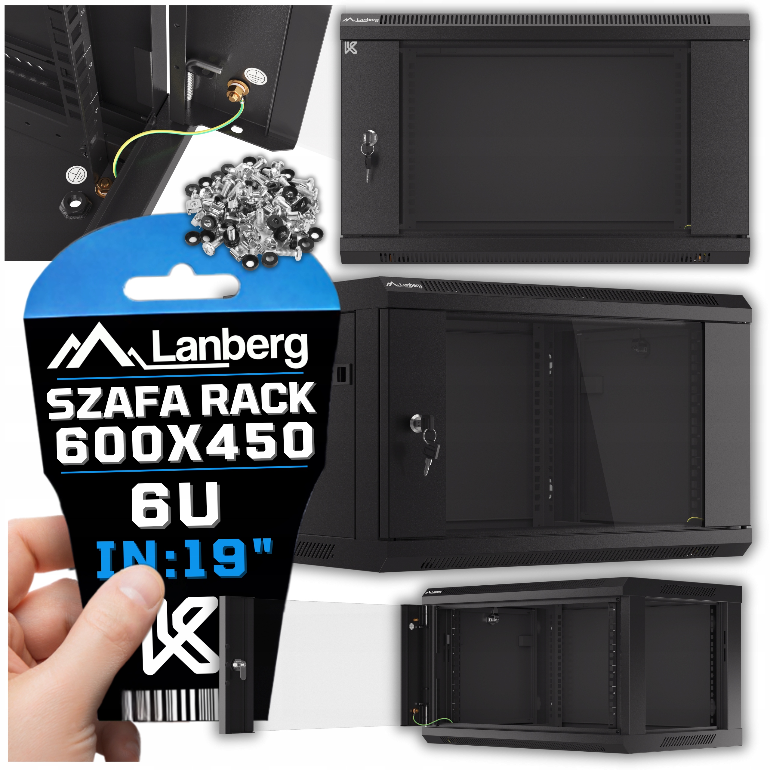 Skříň Rack 19" 6U Závěsná 600X450 Palců Serverová Skleněná Dveře Síť Lanberg