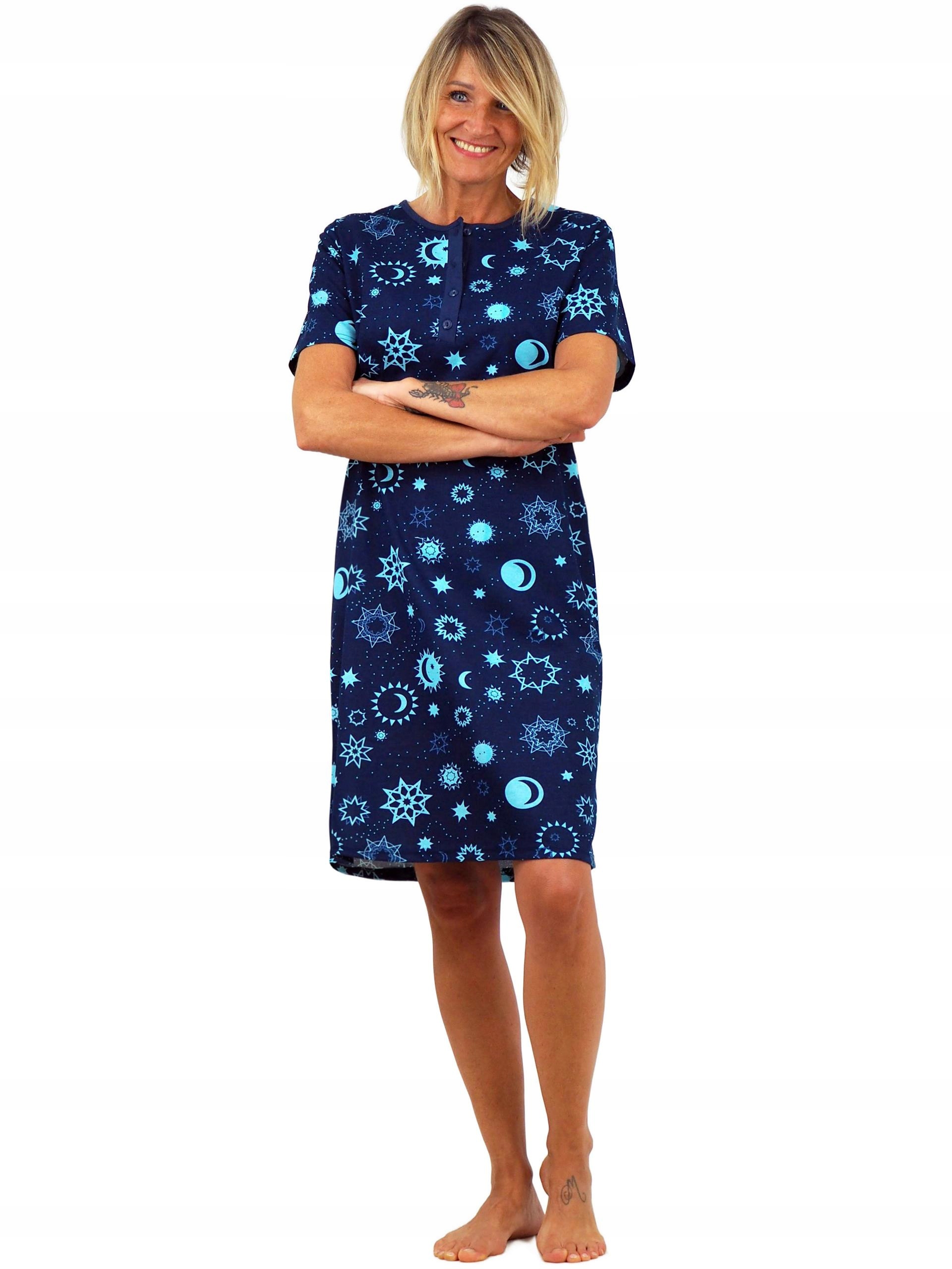 KOSZULA NOCNA piżama tunika rozpinana z dekoltem zapinanym na 4 guziki XL Model 4 guziki / granatowy / księżyc słońce gwiazdki