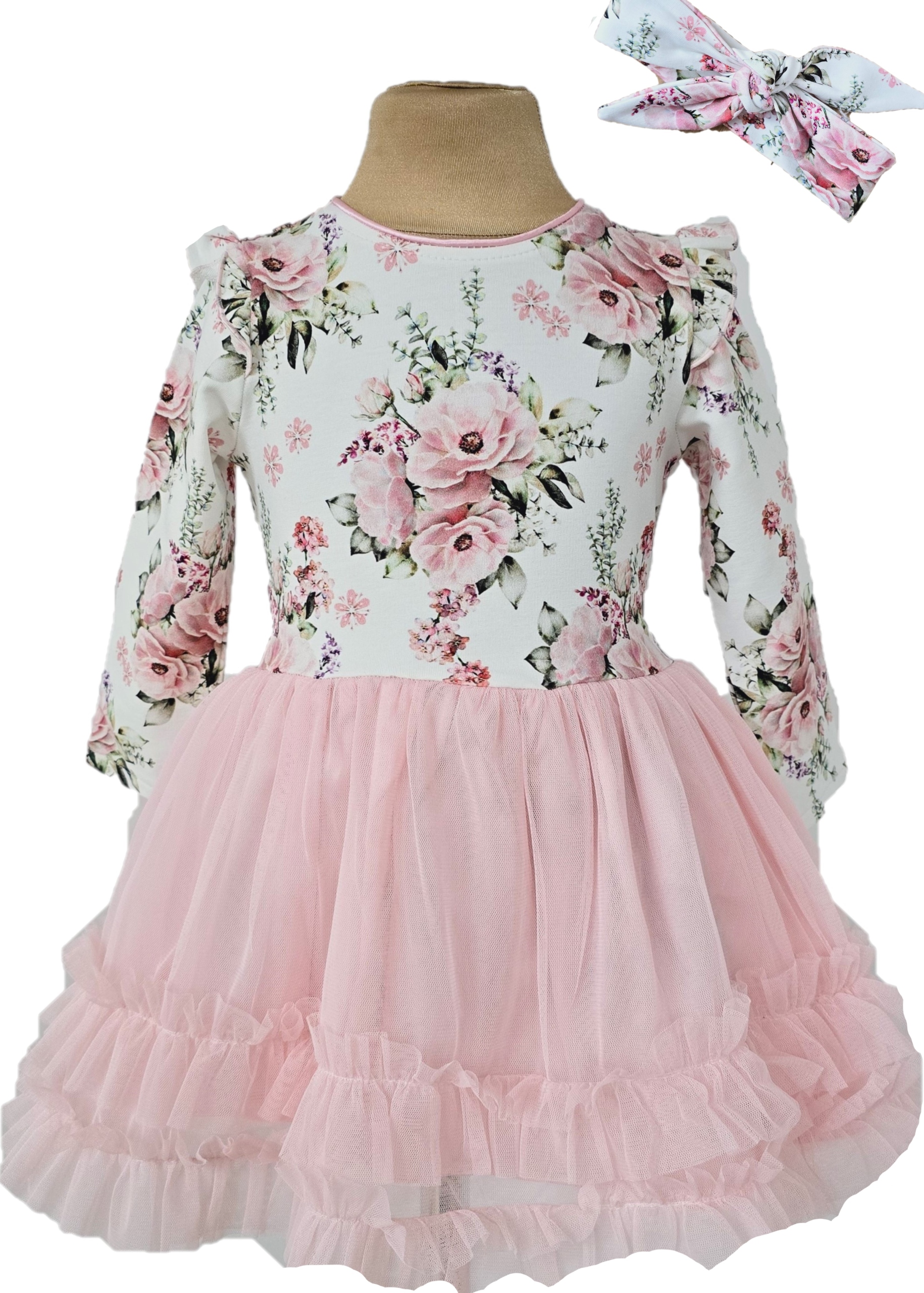 Tiulowa 128 sukienka falbanki opaska święta wesele