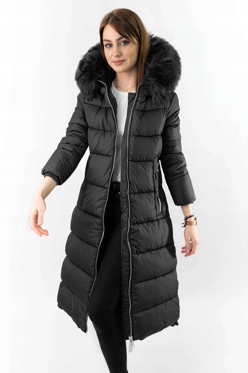 Dlouhá Zimní Bunda Kapuce 7688BIG Černá 48
