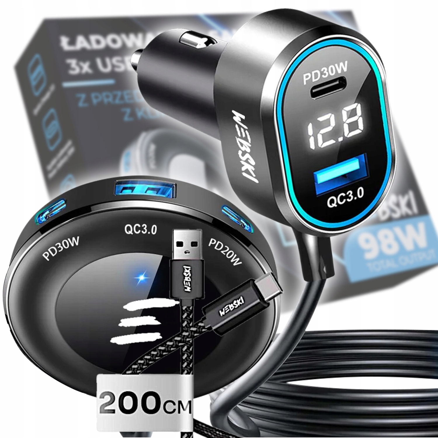 Ultrarychlá Automobilová Nabíječka 98W 2xUSB 3xUSB-C LCD Klips Kabel 200CM