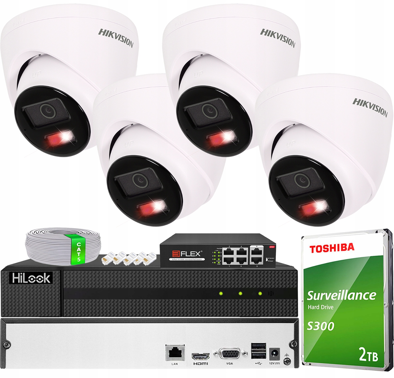 Sada 4x 4MPx kupolová kamera VE-NC143F-LIU Hikvision Hybrid Light PoE