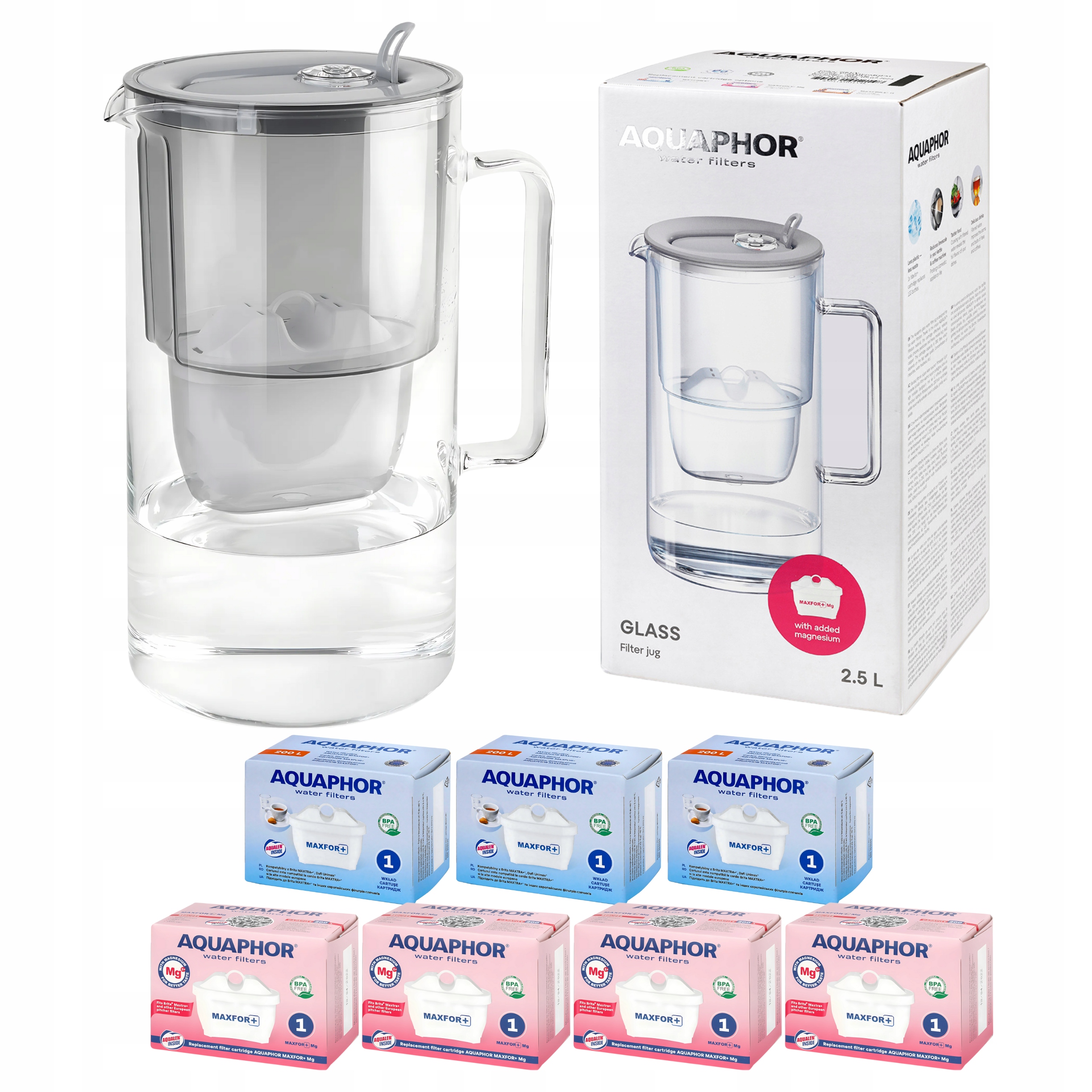 Dzbanek filtrujący szklany Aquaphor Glass Szary 7 Wkładów Filtry Maxfor
