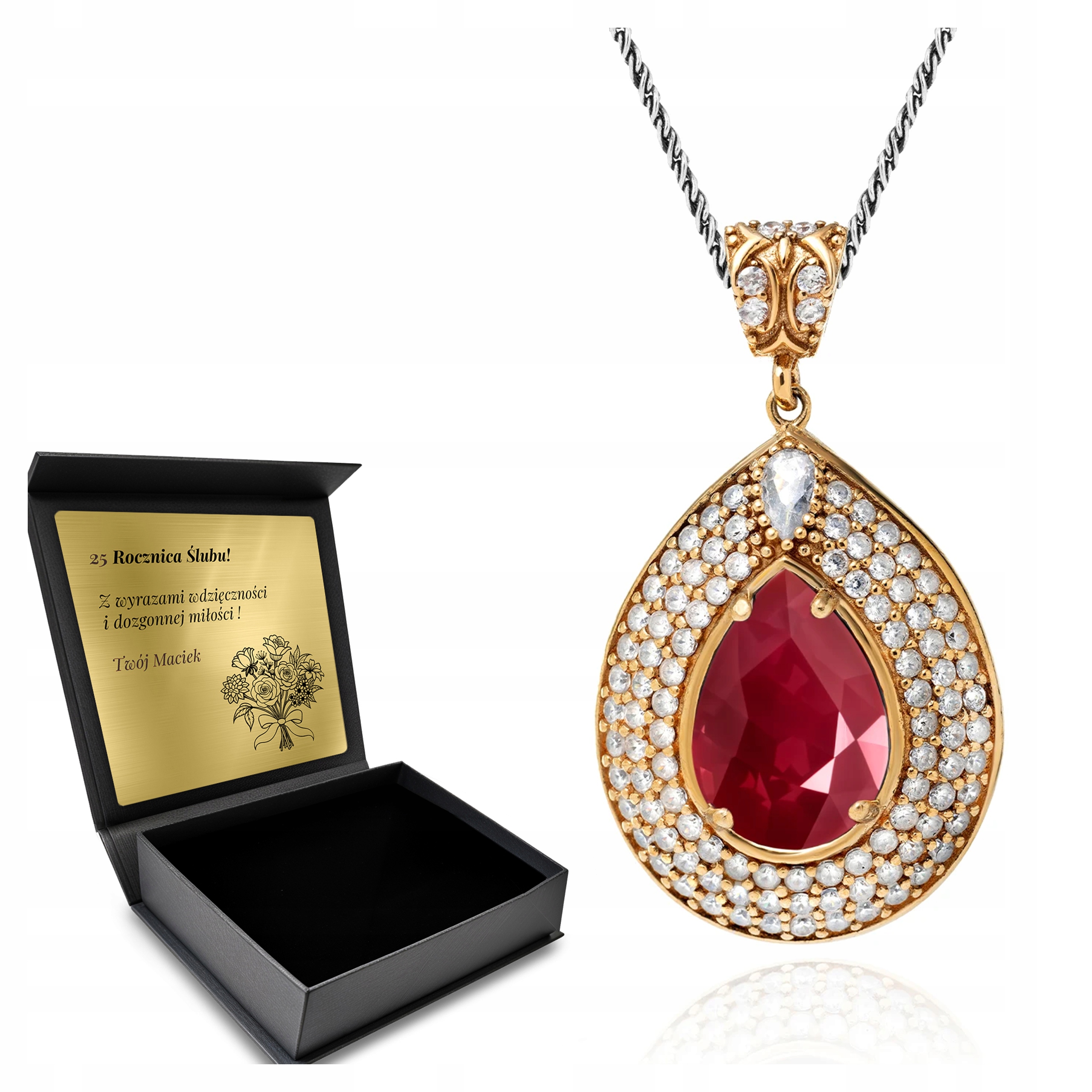 Stříbrný Náhrdelník 925 Zirkony A Rubín Dárek pro ženu Gravírování