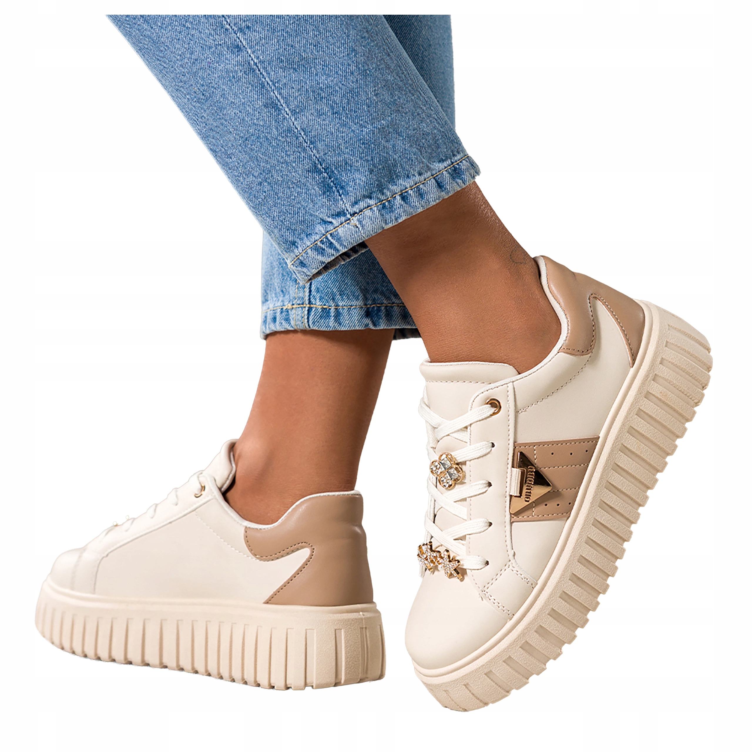 Béžové Tenisky Dámské Šněrovací Platforma Zlaté Sportovní ozdoby vel 37