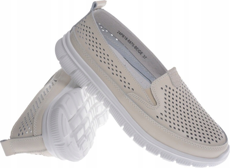 Beżowe Skórzane Półbuty Damskie Ażurowe beż 40