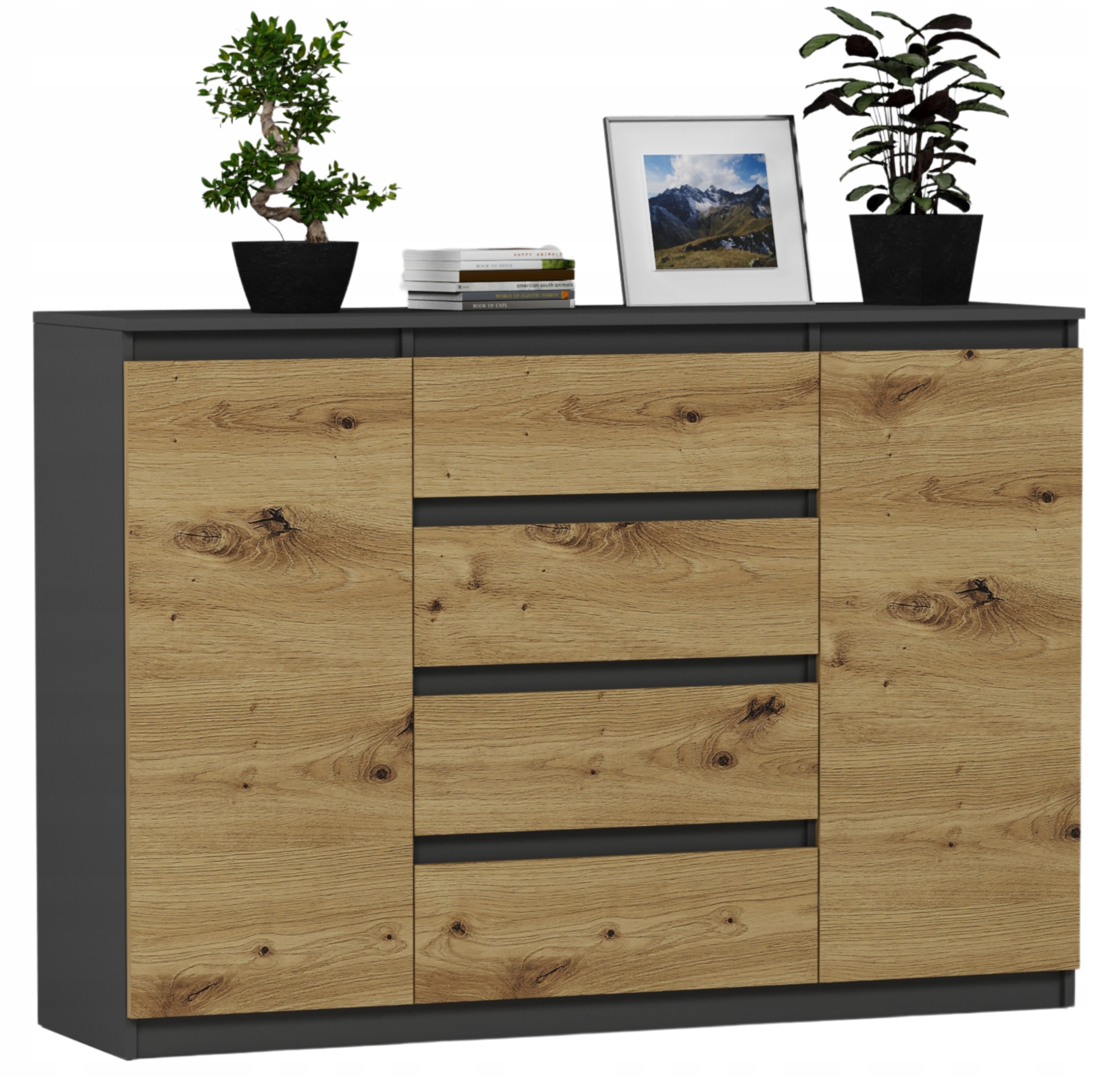 Modna KOMODA 160 SZAFKA 4 SZ. 3 PÓŁKI R-160-S4 ANTRACYT MIX ARTISAN