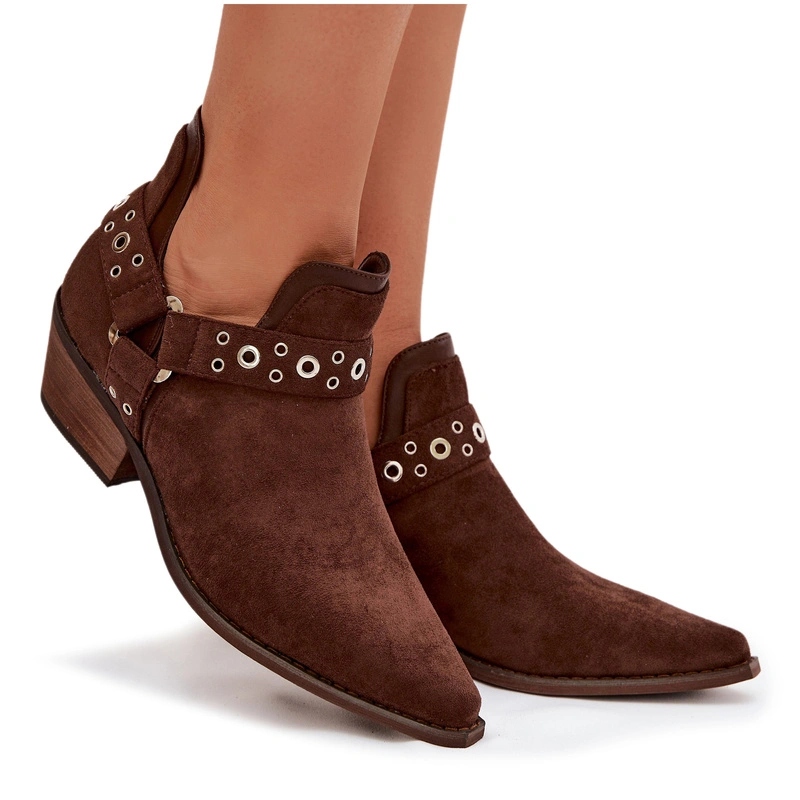 Dámské Kotníkové Boty Eko Semiš Dekorativní Výřezy Čokoládové Proužky 41