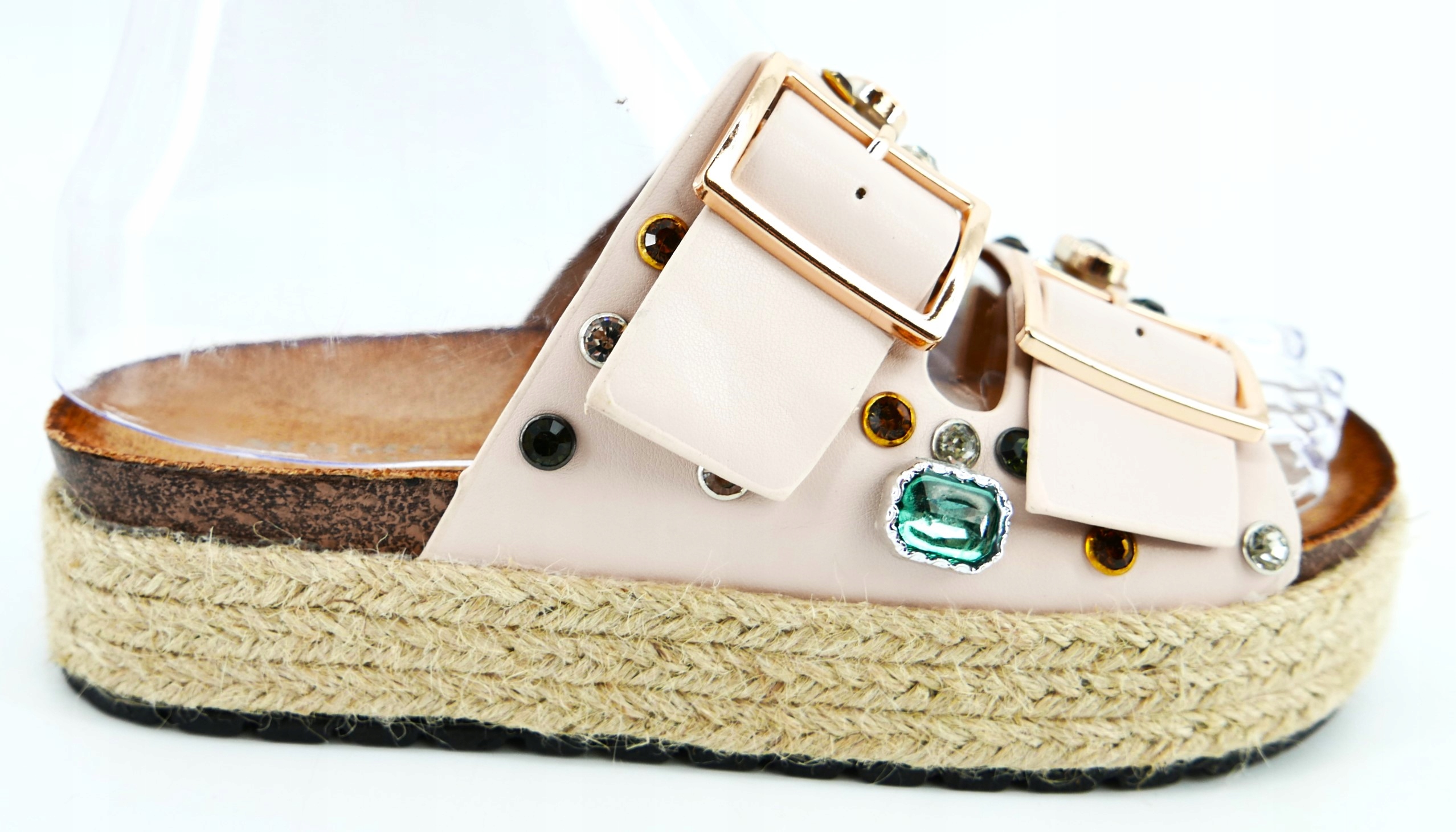 KLAPKI DAMSKIE BEŻOWE Z KLAMRAMI CYRKONIE R36