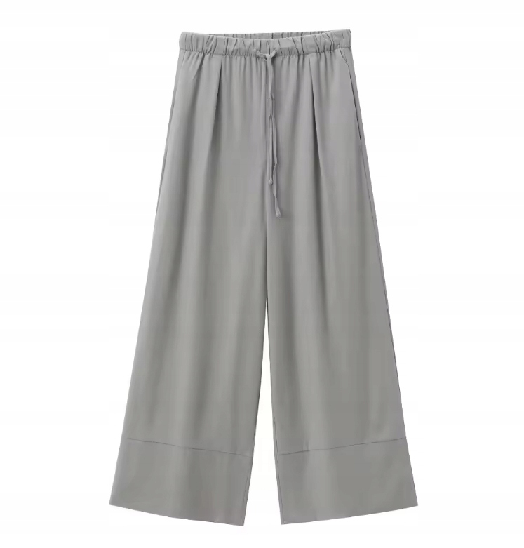 MD lněné Šedé široké dámské kalhoty s širokými nohavicemi, vysoký pas M