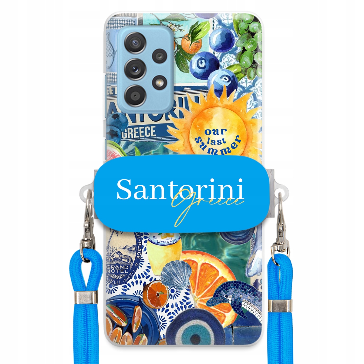 Puzdro pre Samsung A33 5G Modré Crossbody vodítko držiak Santorini Greece