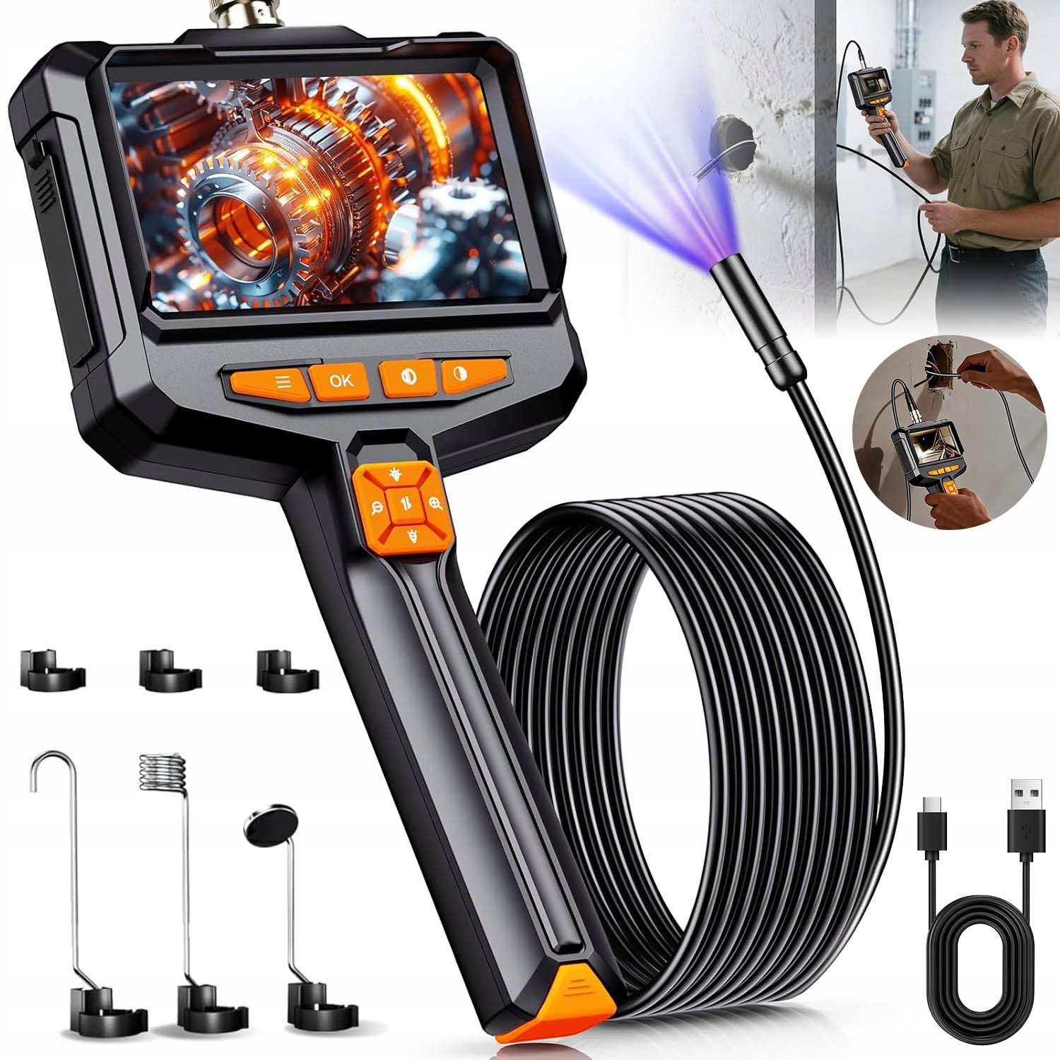 Dílenská Inspekční Kamera Endoskop Pro Trubky Motoru Full Hd Ips Usb-c 5 M