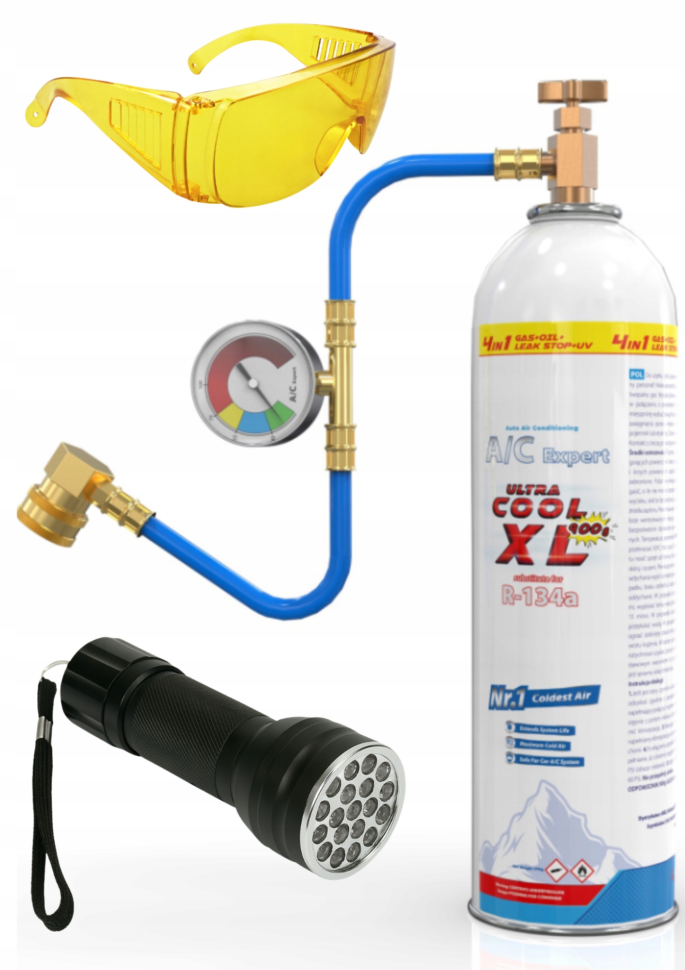 Nabijanie klimatyzacji R134a zestaw XL 7 w 1 A/c Expert okulary i lampa Uv