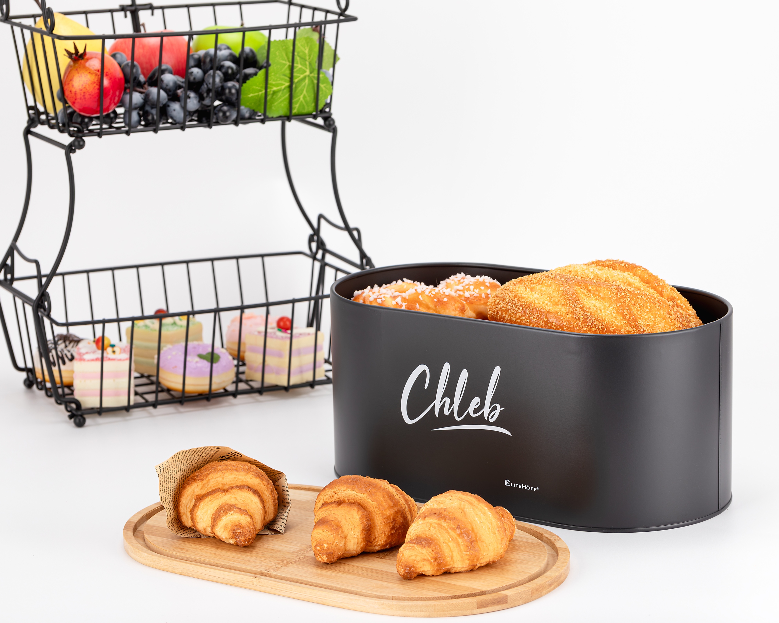 STALOWY CHLEBAK Z POKRYWKĄ BAMBUSOWĄ DESKĄ POJEMNIK NA CHLEB BUŁKI PIECZYWO Marka ML