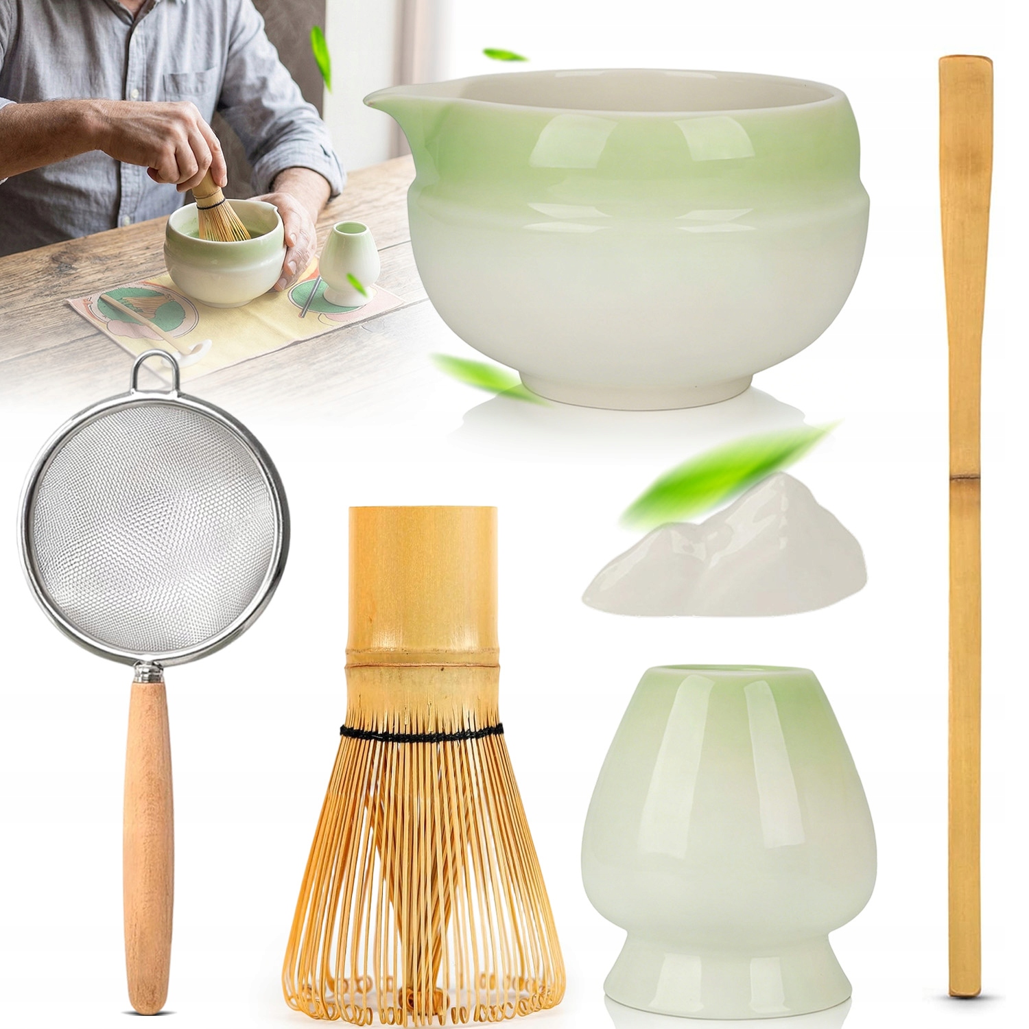 Zestaw Matcha 7 Elementy Tradycyjny Z Bambusa Naturalne Drewno Miotełka