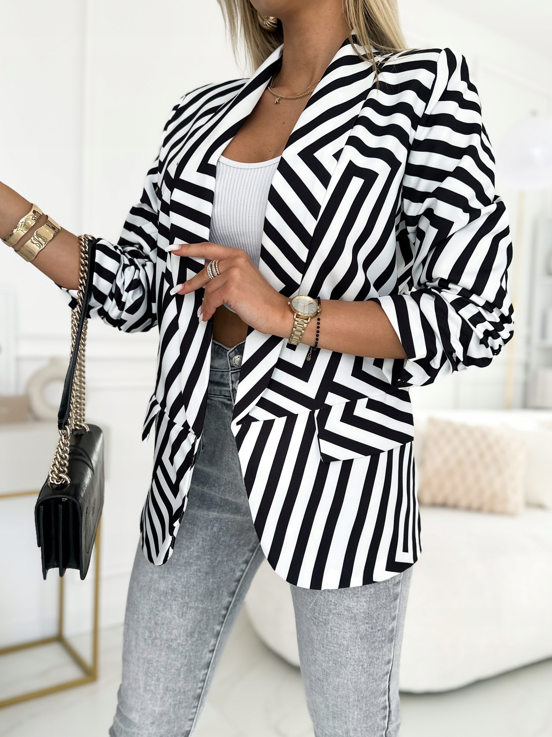 Śliczny Kobiecy Żakiet Marynarka JAKOŚĆ PREMIUM Wzory S/M Kolor biały