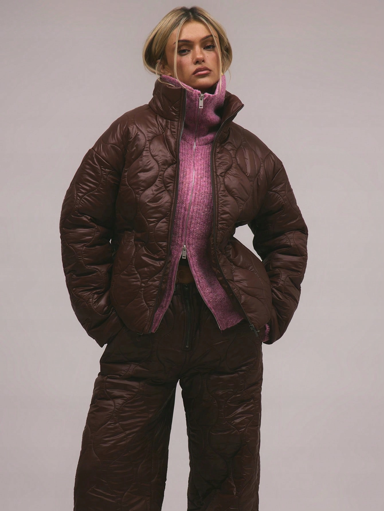 Přechodová Prošívaná Bunda Oversize Stylová Hnědá Casual Shein Xs 34