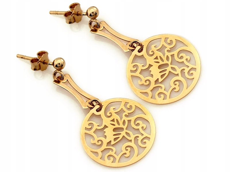 Závěsné zlaté náušnice kulaté 585 zdobené ažurovým vzorem na tyči 14k